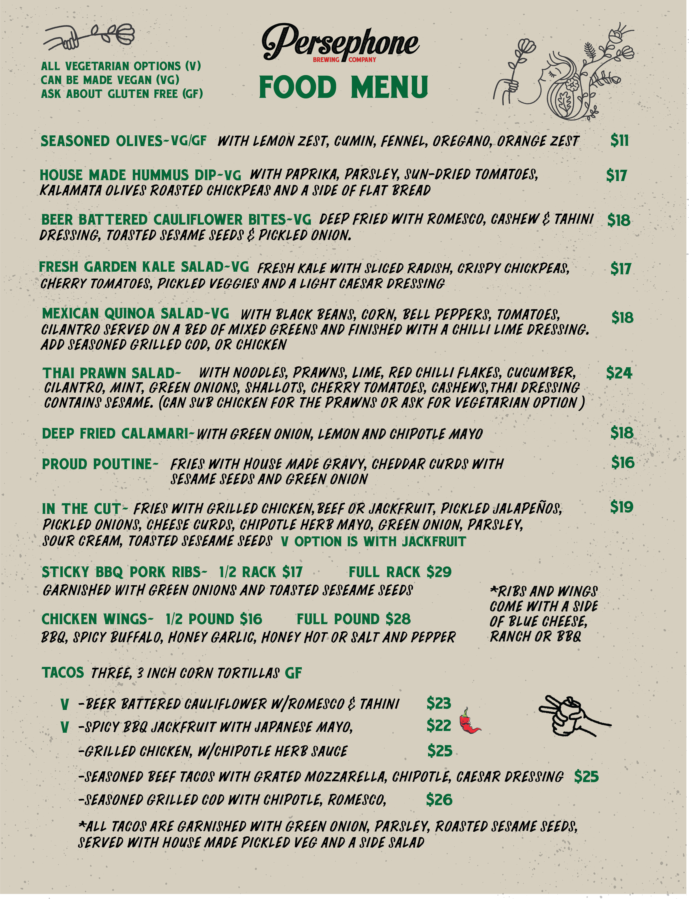 Summer Menu 2026 Appetizers, tacos, salads