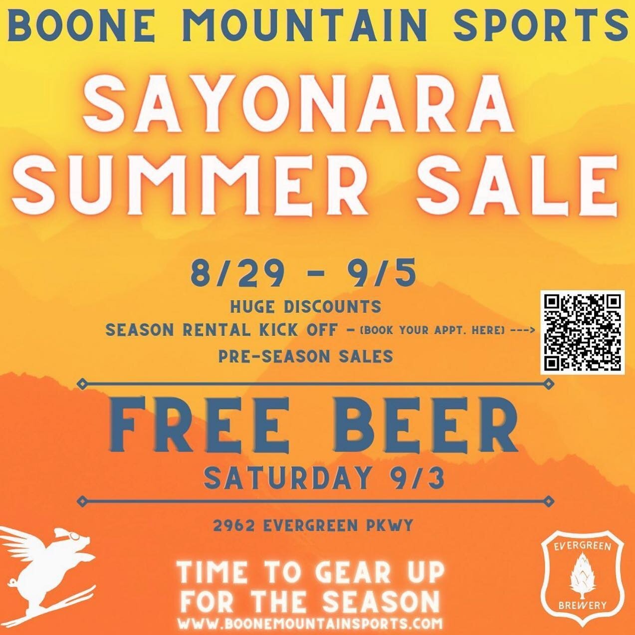 Sayonara Summer Sale starts today at @boonemountainsports Come check it out and mark your calendar for this Saturday @evergreenbrewery will have beer specials all day. 🤙 🍺 🎿