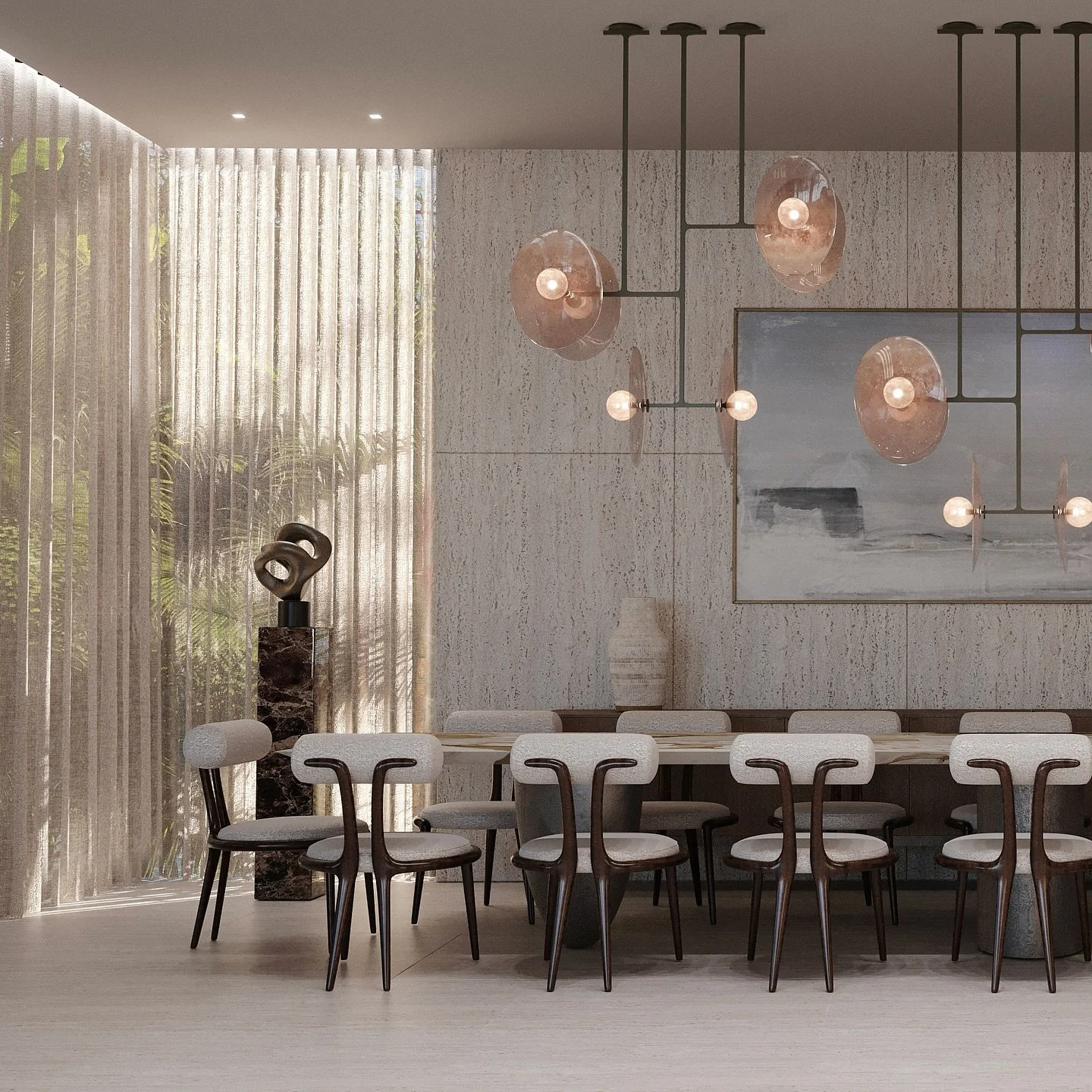 GRAND DINING ROOM / Venetian Island Villa, Miami 
Architecture & Interiors by JAVIER ROBLES Studio 
Lighting: STELLAR Pendant by @lumifer_by_javierrobles 
Art: Big Sky by John O’Carroll (Gesso, natural pigment on wooden panel with bespok