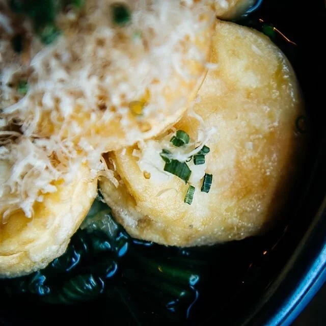 Agedashi Tofu 揚げ出し豆腐
This is a popular appetizer at Izakayas and Japanese restaurants across the world. Our version of this dish is lightly fried tofu served with steamed bok choy and a flavorful and light soy-mirin dashi broth, topped with grated daikon radish, green onion, and bonito flakes. It is a must try!