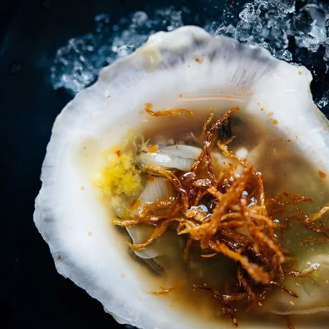 Our dressed oyster with oyster sauce 
Kizami wasabi, and fried ginger. #oysterlover