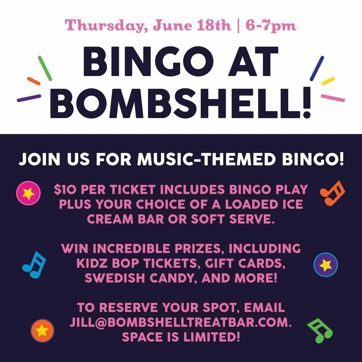 Schools out, time for FAMILY BINGO! 🎉 join us at the shop next Thursday evening for a fun music-themed bingo game led by Elle! Your $10 admission includes play plus your choice of loaded ice cream bar or soft serve.

You could win 4 tickets to this 