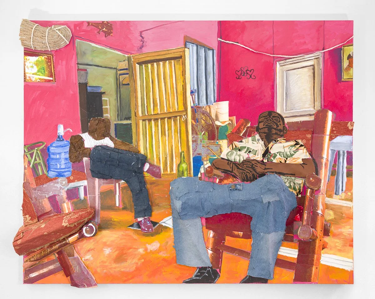 Two people resting in chairs while sitting in a bright pink room