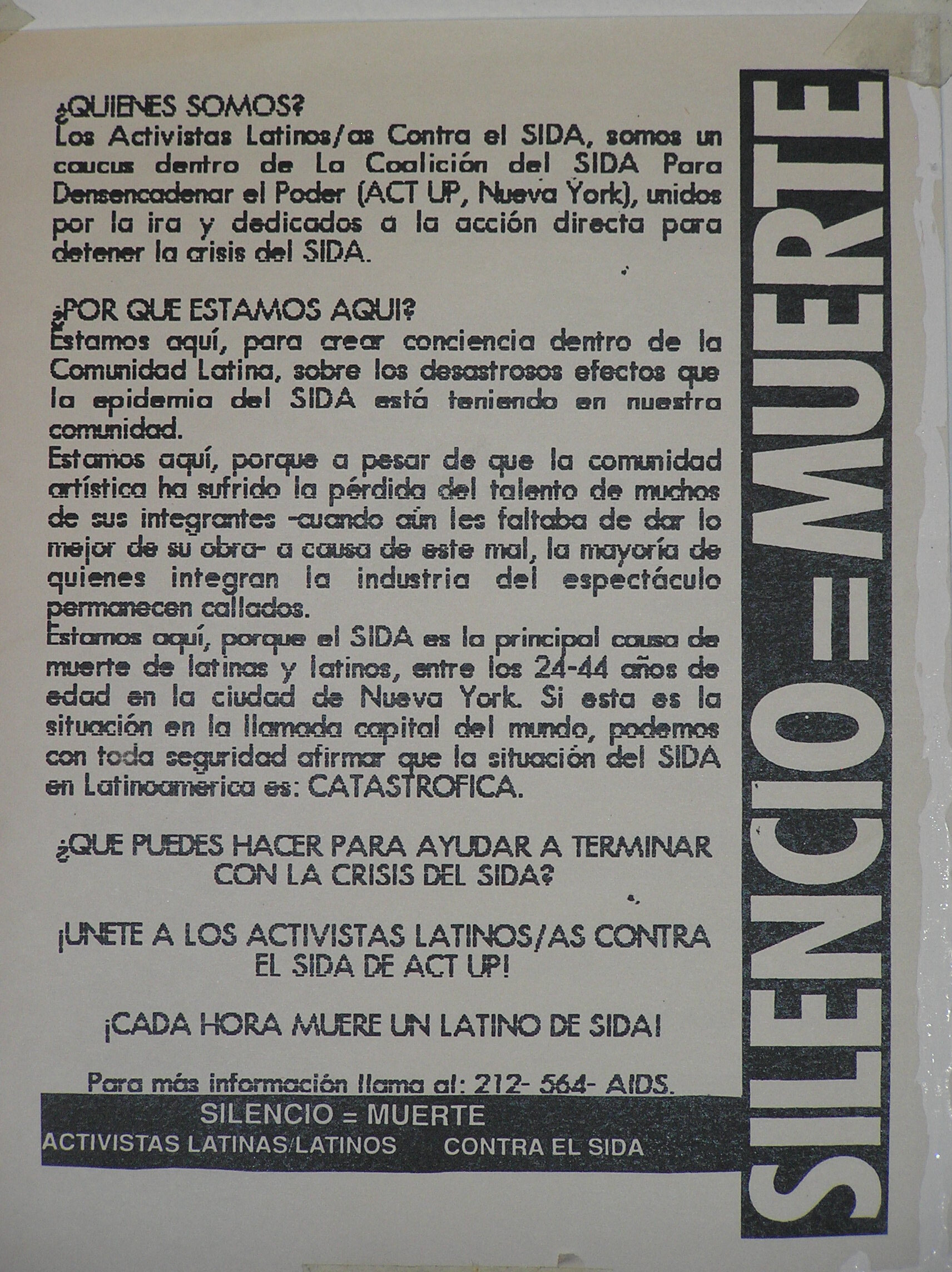  Flyer used at a demonstration at the Latin ACE Awards/ Premios ACE held at Lincoln Center. The Latino arts and entertainment community had suffered great losses to AIDS but was largely silent and ignored the epidemic.&nbsp; 