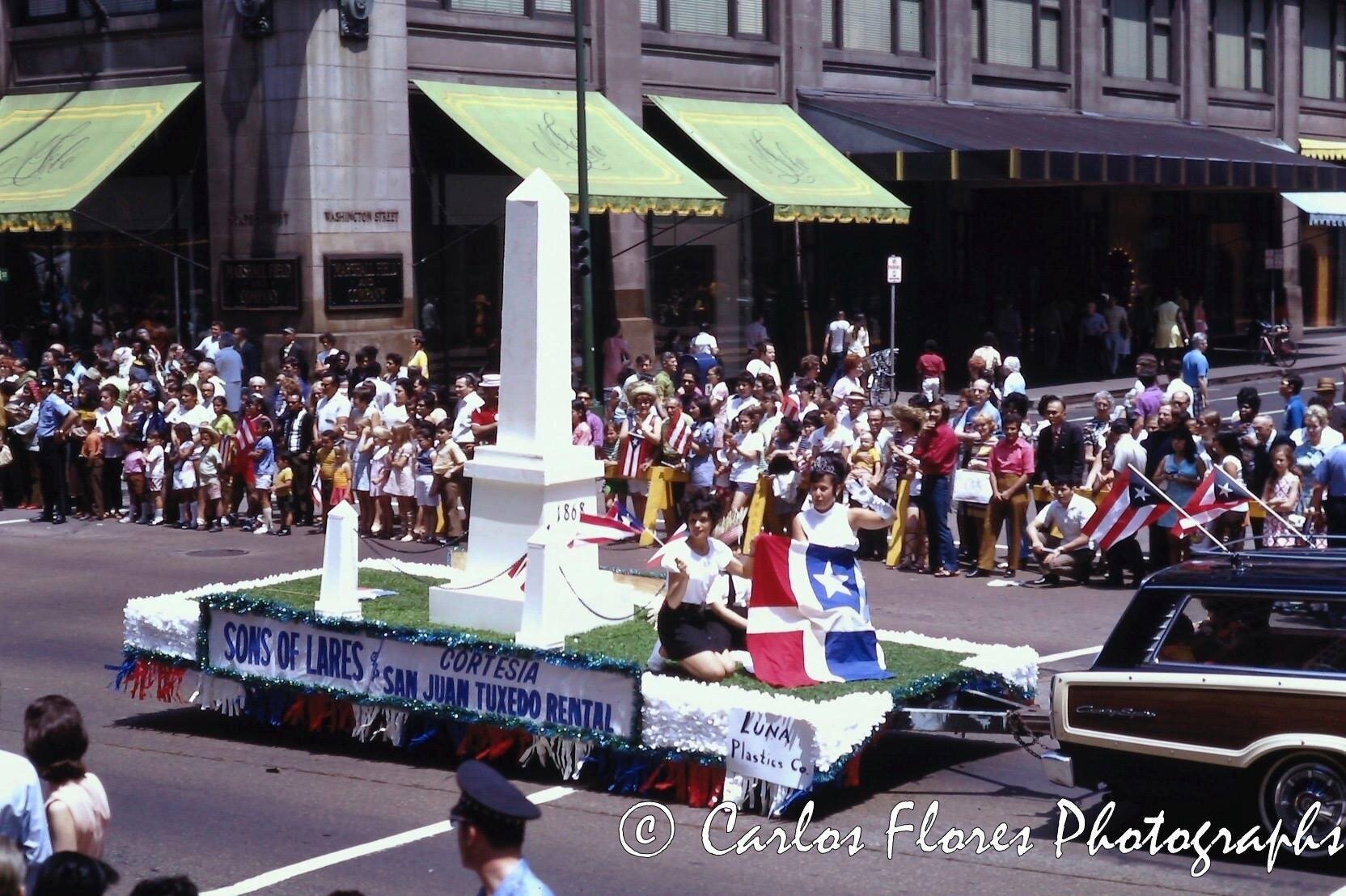  "Hijos De Lares" float at the 1971 Chicago Puerto Rican Parade on State Street in Downtown Chicago, IL. 