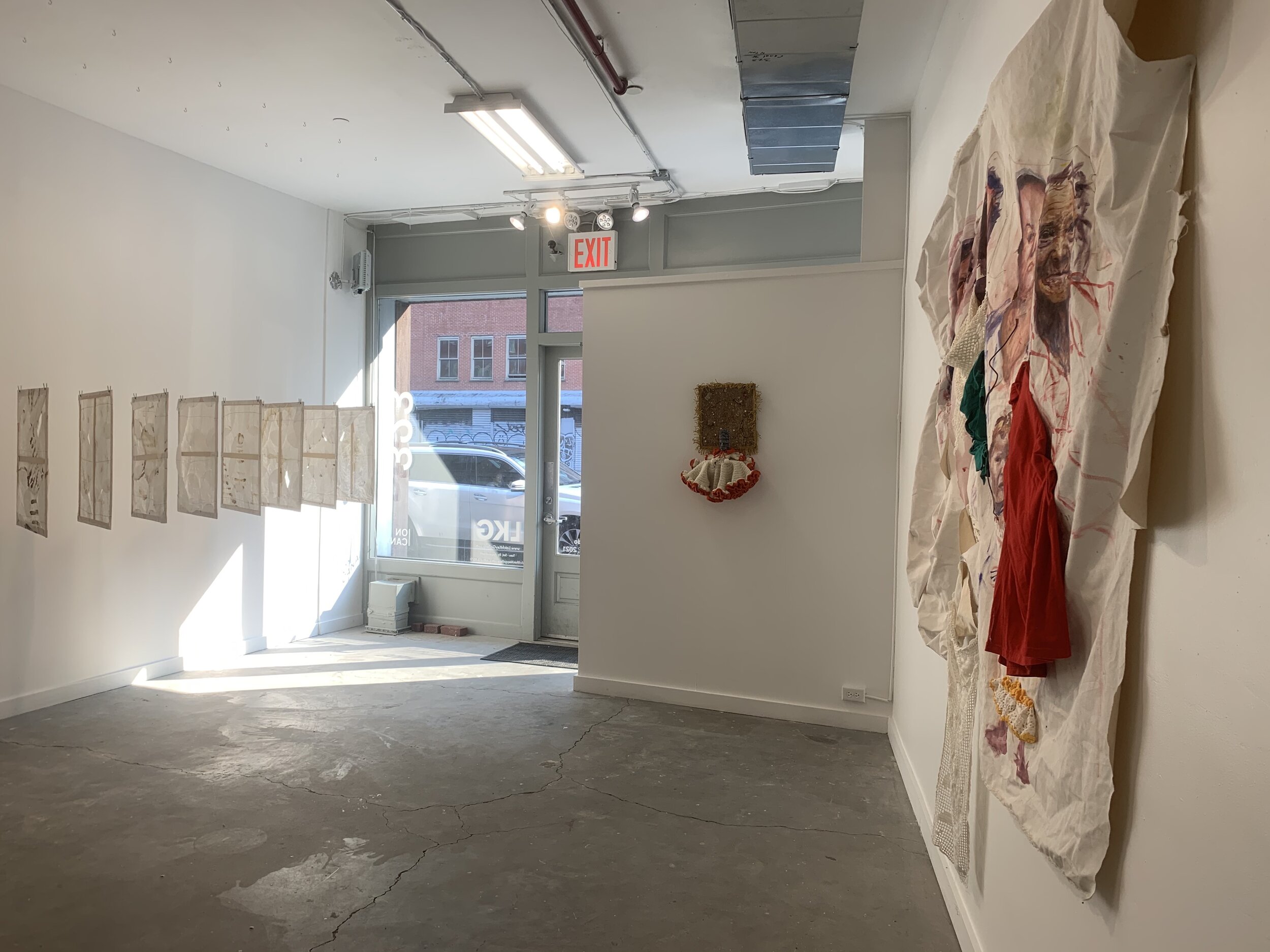  Gallery view of  Limpieza de Sangre , 2015-2016 (left),  Flesh and Spirit I , 2020 (center), and  Familia Bloodline , 2019 (right). Image courtesy of Maya Ortiz Saucedo. 