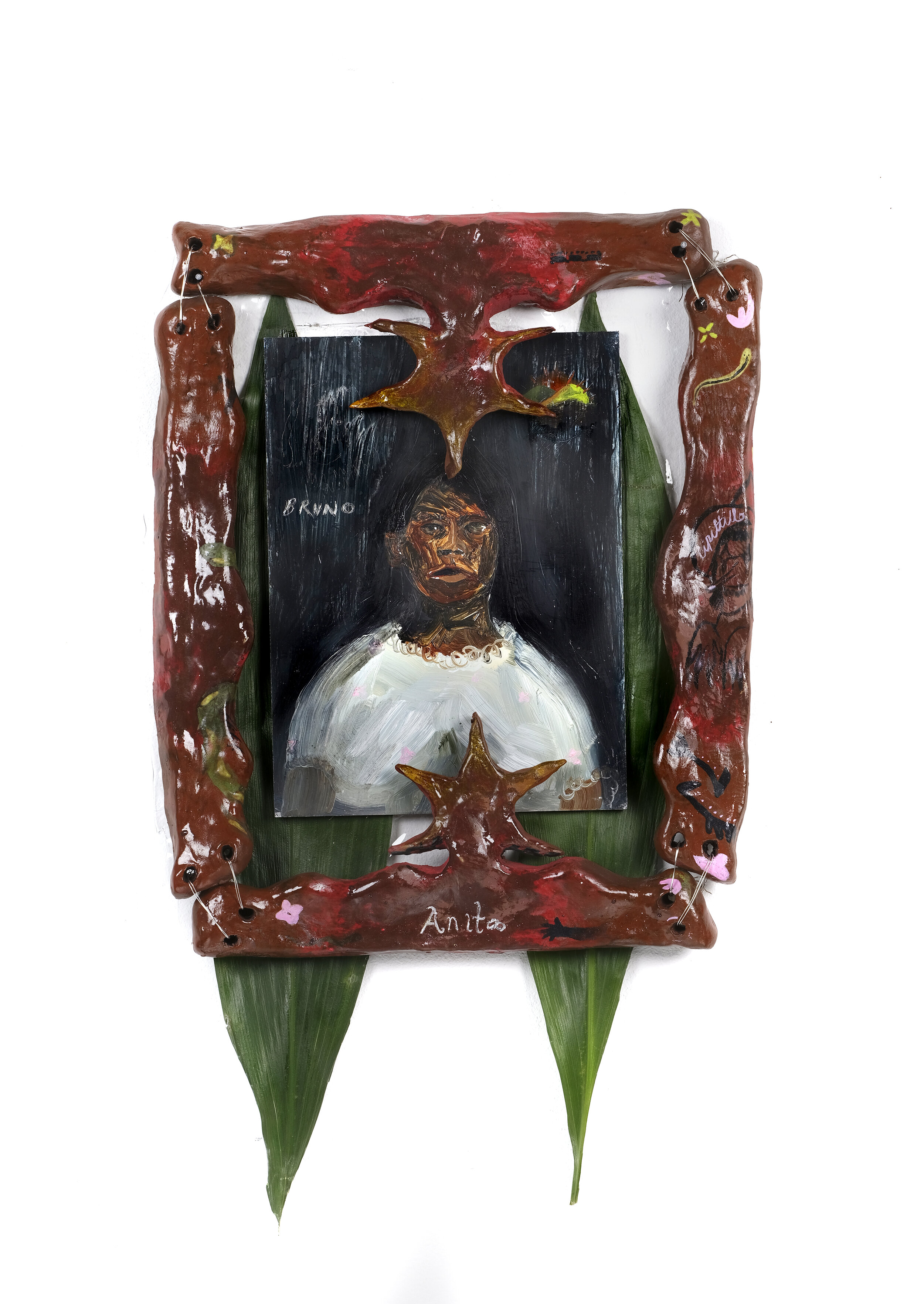  Susan Flores-Melgar,&nbsp; Anita , 2019. Glazed ceramic, banana leaves, vinyl, oil on aluminum panel. 8 x 10 in. Image courtesy of the artist.&nbsp; 