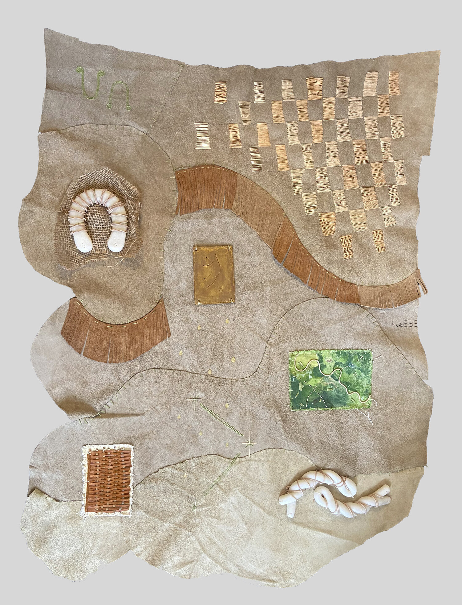  Rosalee Bernabe,  Dream Matrix (Sierra del Norte) , 2021, Suede, clay, embroidery floss. 34 x 36. Image courtesy of LatchKey Gallery, New York. 