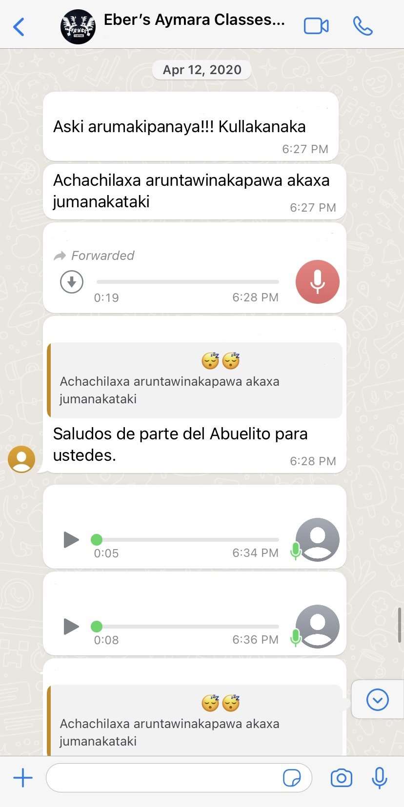   Screenshot of Aymara Class Chat in May 2020, Eber sending us greetings from his grandfather, Courtesy of Yvette Ramírez  