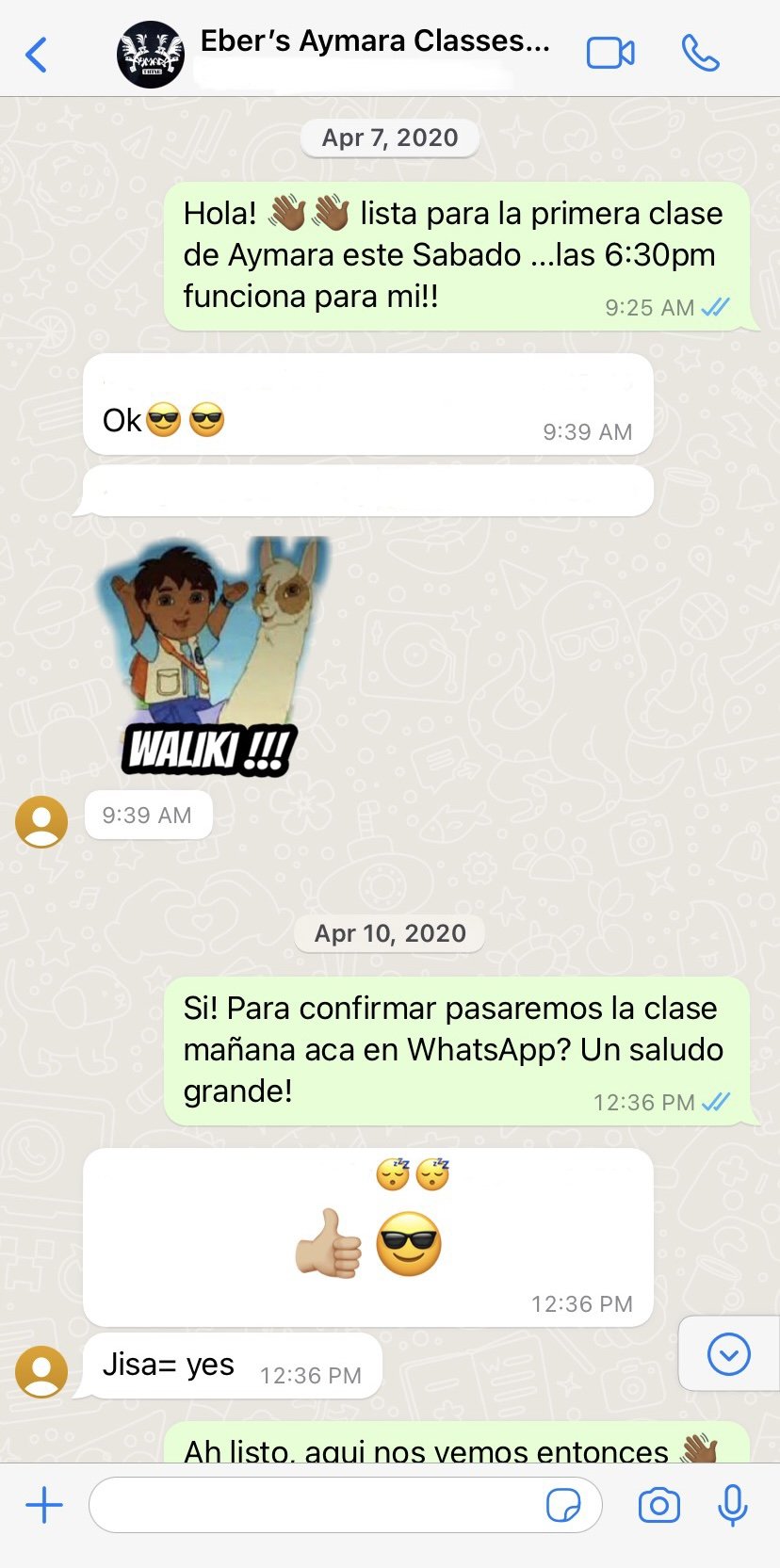   Screenshot of Aymara Class Chat in April 2020, confirming the start of class, Courtesy of Yvette Ramírez  
