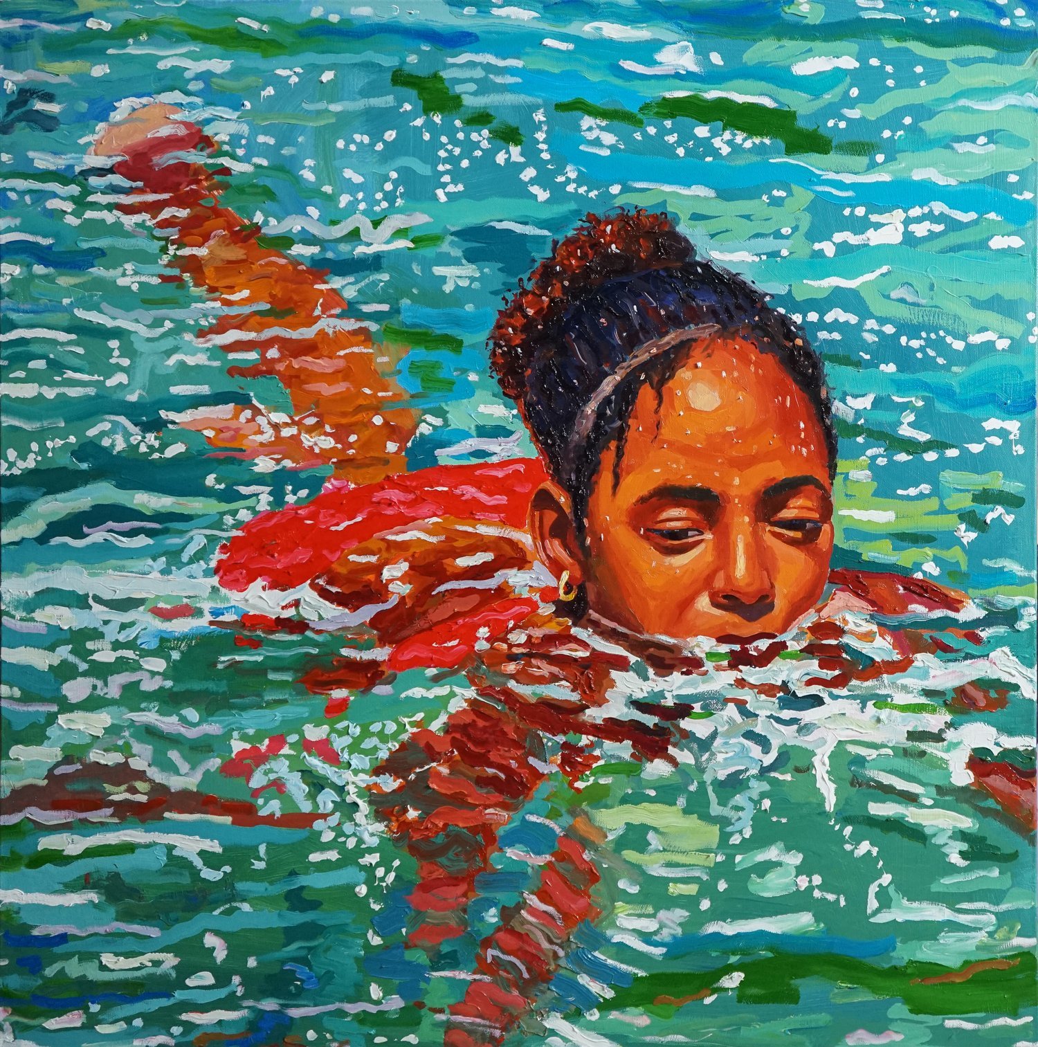 Muchacha en Agua 36” x 36”  Oil and acrylic on canvas
