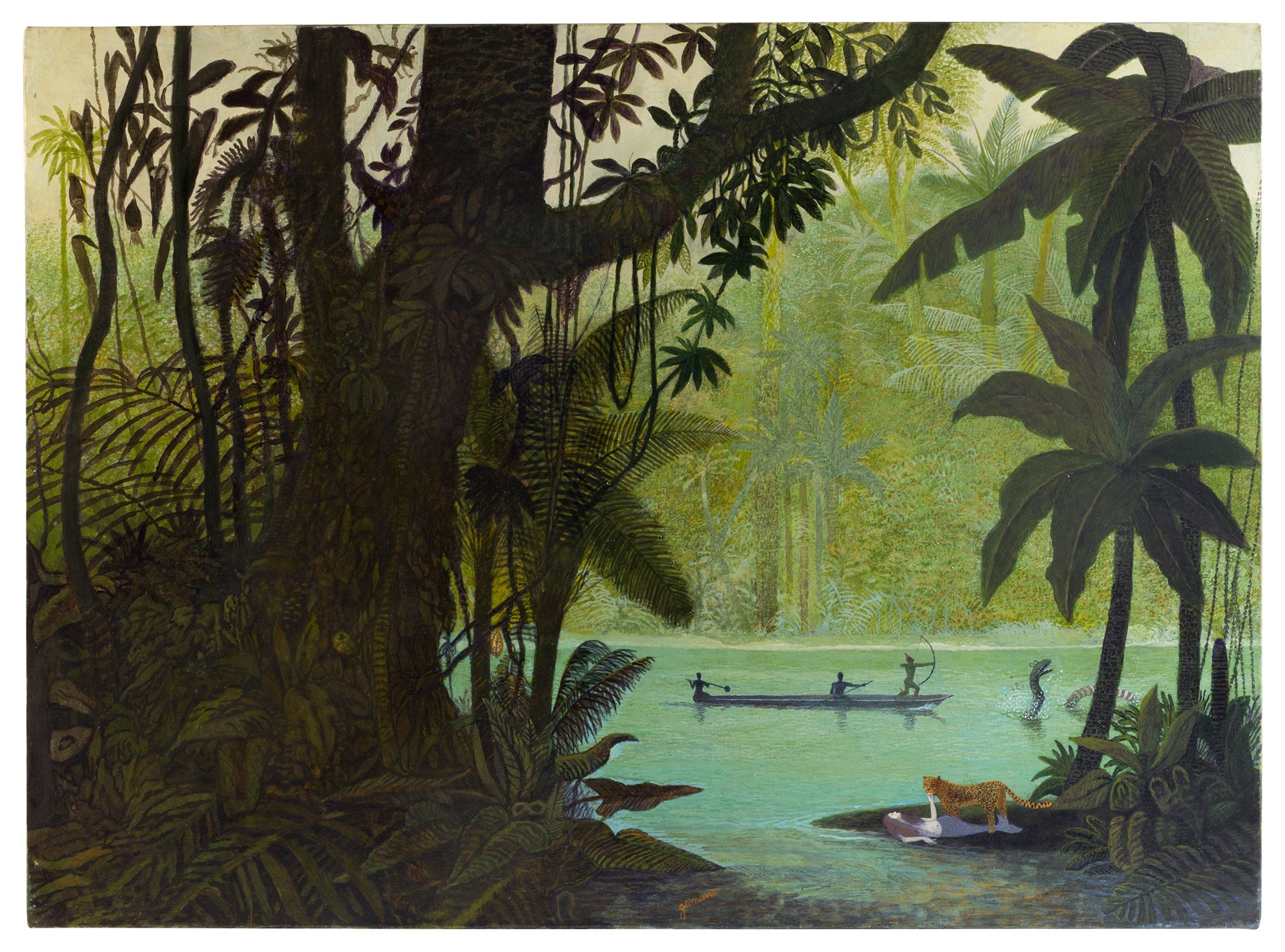 a painting featuring trees, a body of water and a big cat.