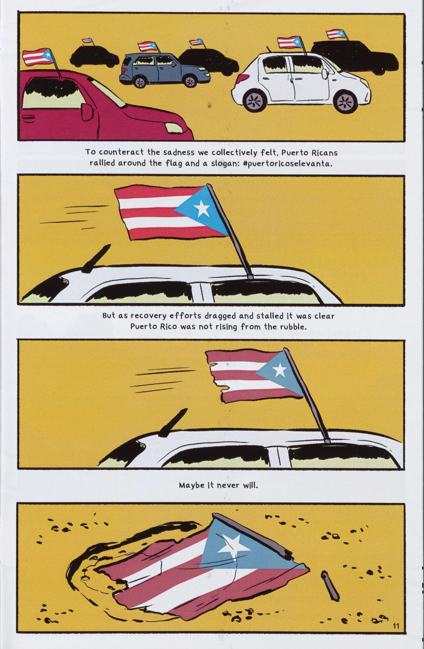 comic strip featuring cars raising puerto rican flags