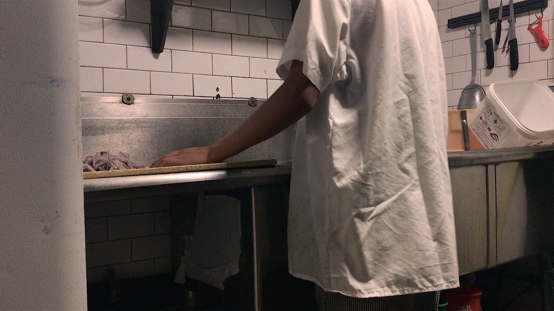 a person standing in a restaurant kitchen