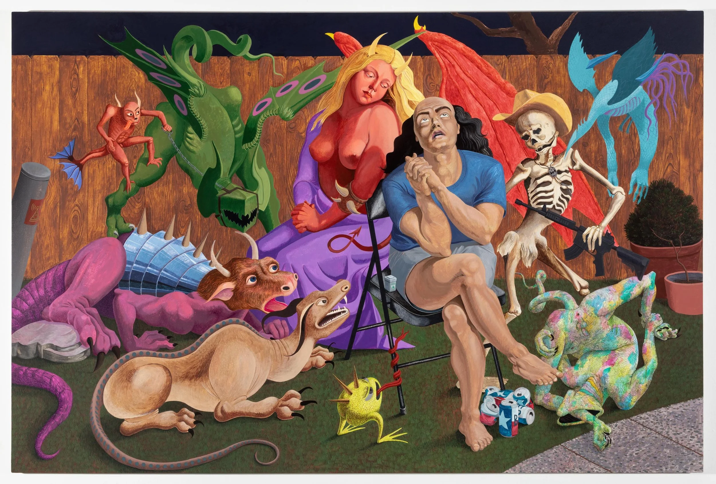 paitning with figures like a dragon, skeleton, and other horned creatures