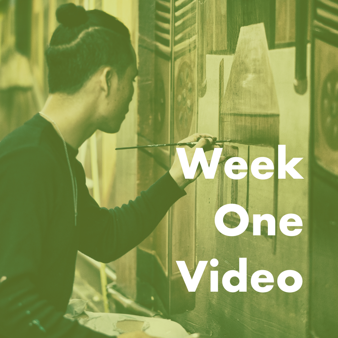 faded green image of man with straight dark hair painting a large painting