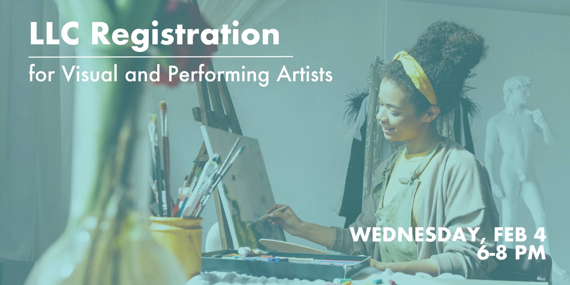 light skinned black woman with curly hair in a large bun is wearing overalls and works on a painting propped up on a short easel. There is a bouquet of flowers in the foreground of the image that overlays the main image