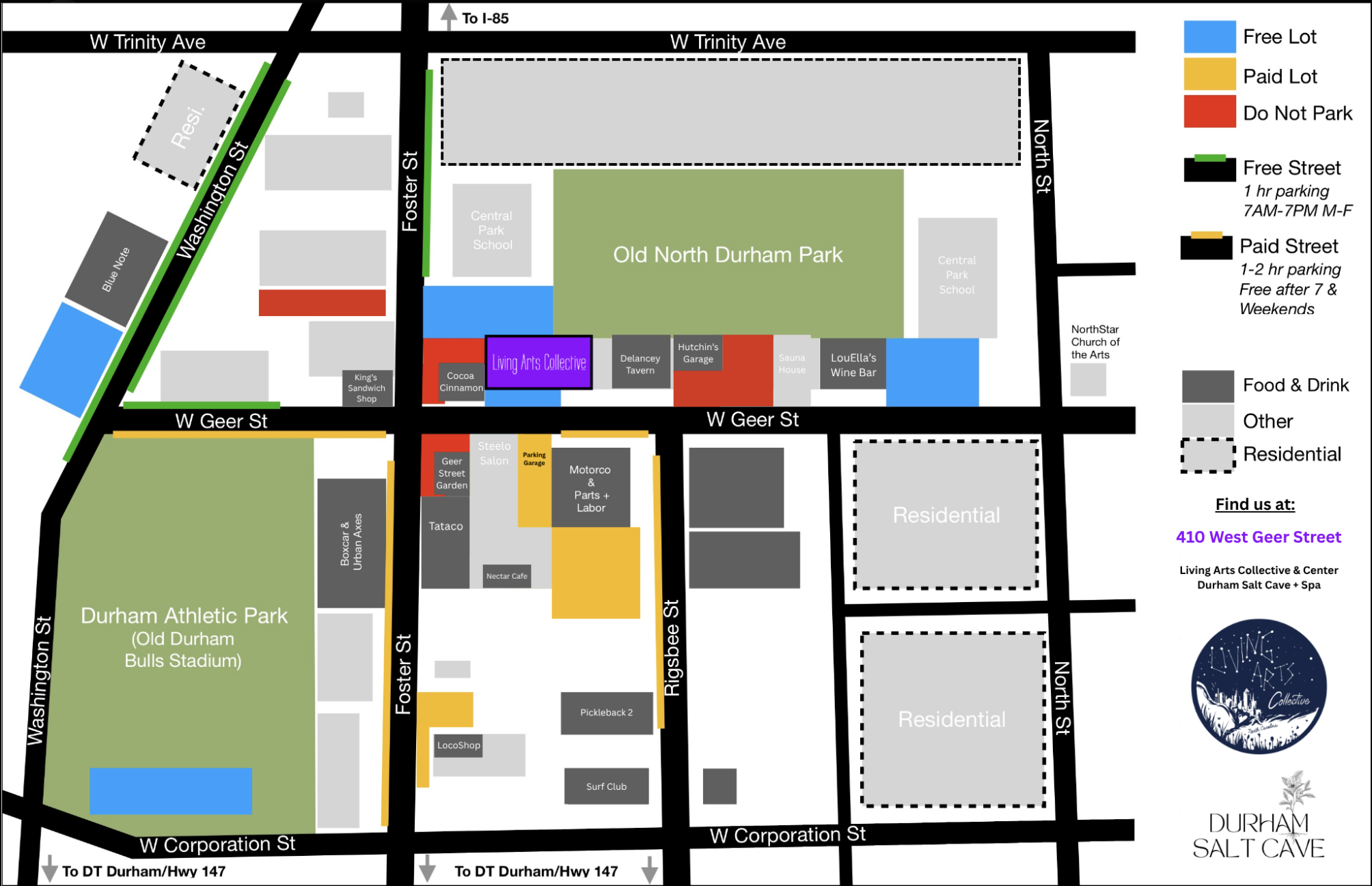 Parkling map for Living Arts Collective Durham NC