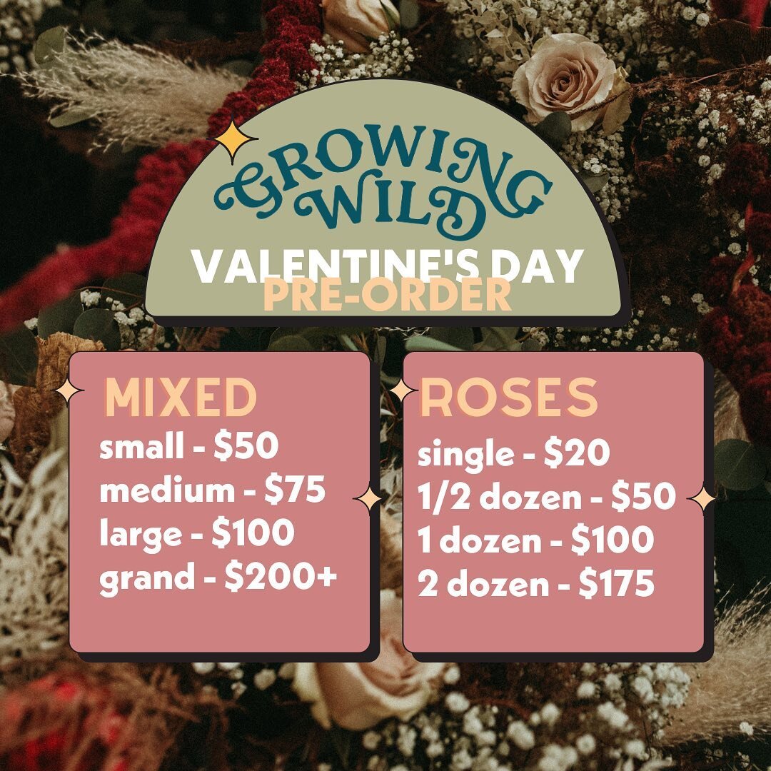 💞Brace yourselves, Valentine&rsquo;s Day is three weeks away! Avoid the last minute panic and preorder your bouquet now! Call us today at 719-966-2478, because nothing is hotter than a well planned beau. 💕 

www.growingwildbv.com 
28302 county road