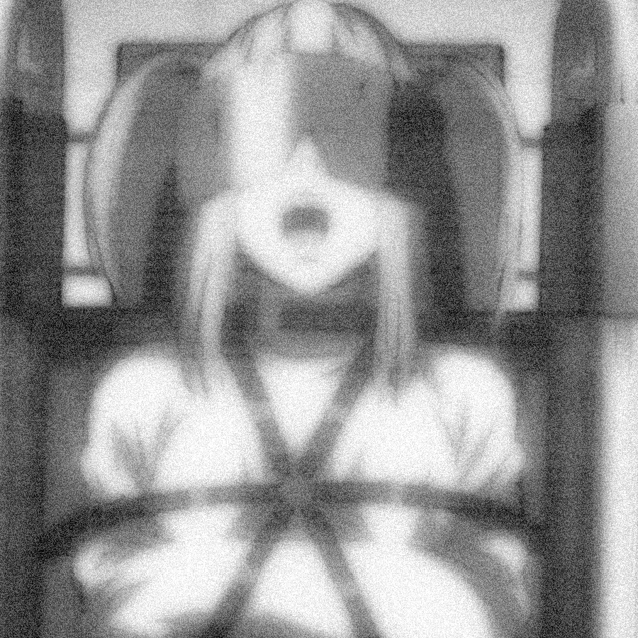 blurry black and white still of anime, featuring a blond woman wearing goggles and a strait jacket strapped into a board with a restraint from Death Note