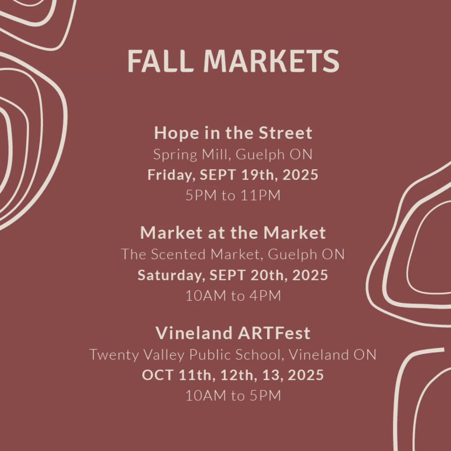 Find us in Fall! 🍂
Come join us at any of these wonderful market venues. We will be set up at all three of these events for you to enjoy a browse of our newest collections in person. 
#localguelph #Guelph #Vineland #markets #fallmarkets #vendor