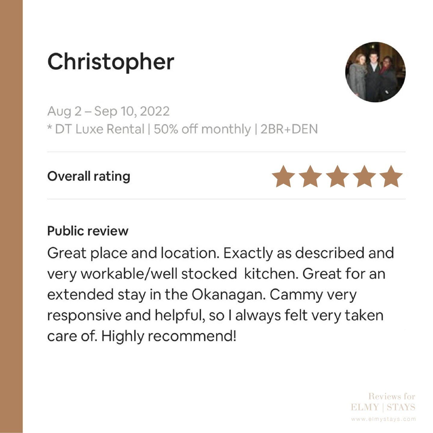 💌 Thank you Christopher for your awesome 5 star review of our Blue Hues condo in Downtown Kelowna! We are glad you enjoyed both our service and our home :)⁠
⁠
It's true, our home is located in Downtown Kelowna right next to Waterfront Park with tons