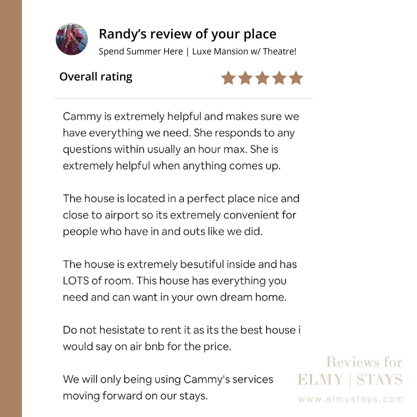 ⁠⭐️⭐️⭐️⭐️⭐️ A 5 Star Review from Randy!⁠
⁠
Randy stayed with us a while ago at our Richmond Luxury Mansion. We are glad to see you enjoyed your experience with us, and we are proud to say this home is really stunning!⁠
⁠
This Mansion is a rare + one-
