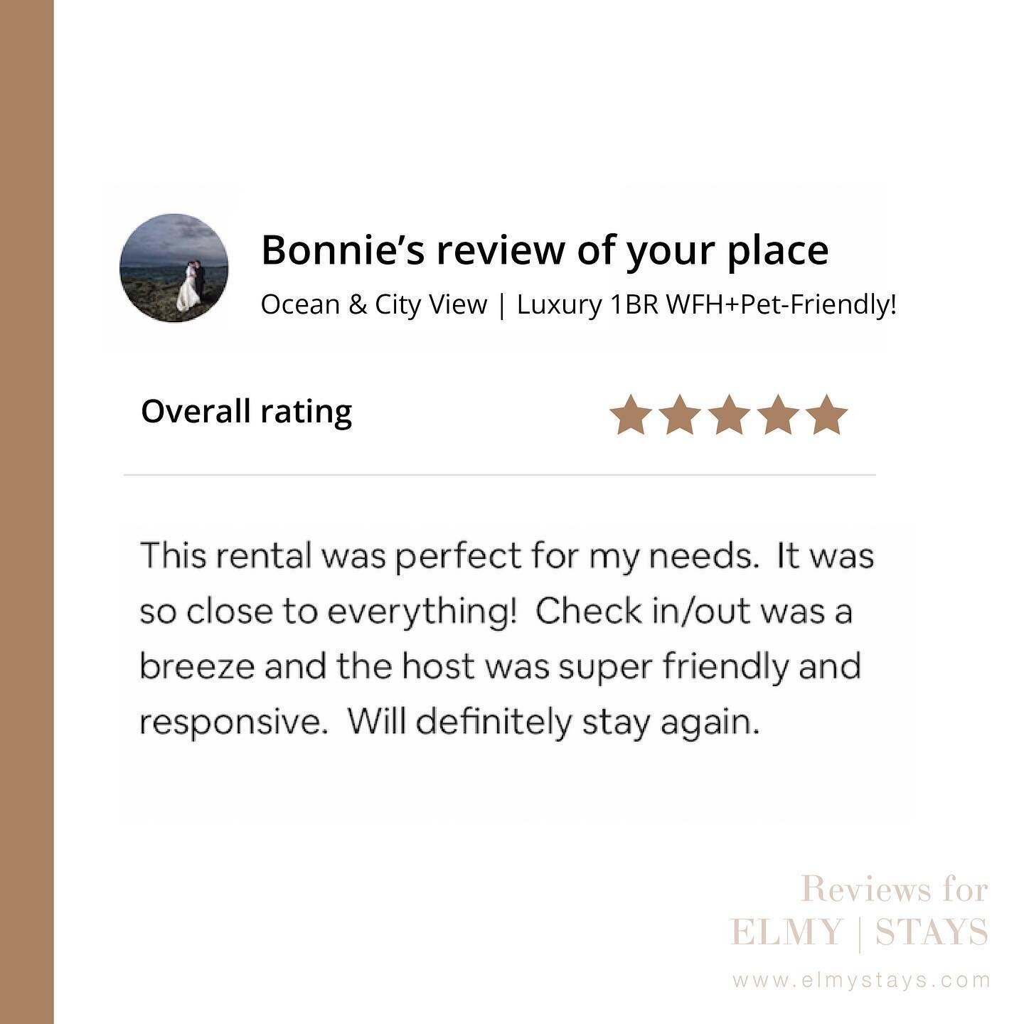 💌 Bonnie&rsquo;s 5-Star review at Modern Chic Casa!

Bonnie stayed with us in our luxury 1BR apartment in Downtown White Rock. Our team is pleased that you were happy with our service and the home. Thank you so much Bonnie, looking forward to hostin