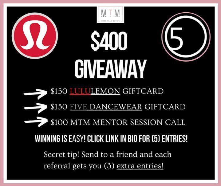 📣DANCERS &amp; DANCE PARENTS! We are having a MAJOR Giveaway for the next 48 hours only, with ONE winner who will receive a package of over $400 value!&nbsp;

What&rsquo;s inside: $150 @lululemon gift card, $150 @fivedancewear gift card and a 1 hour