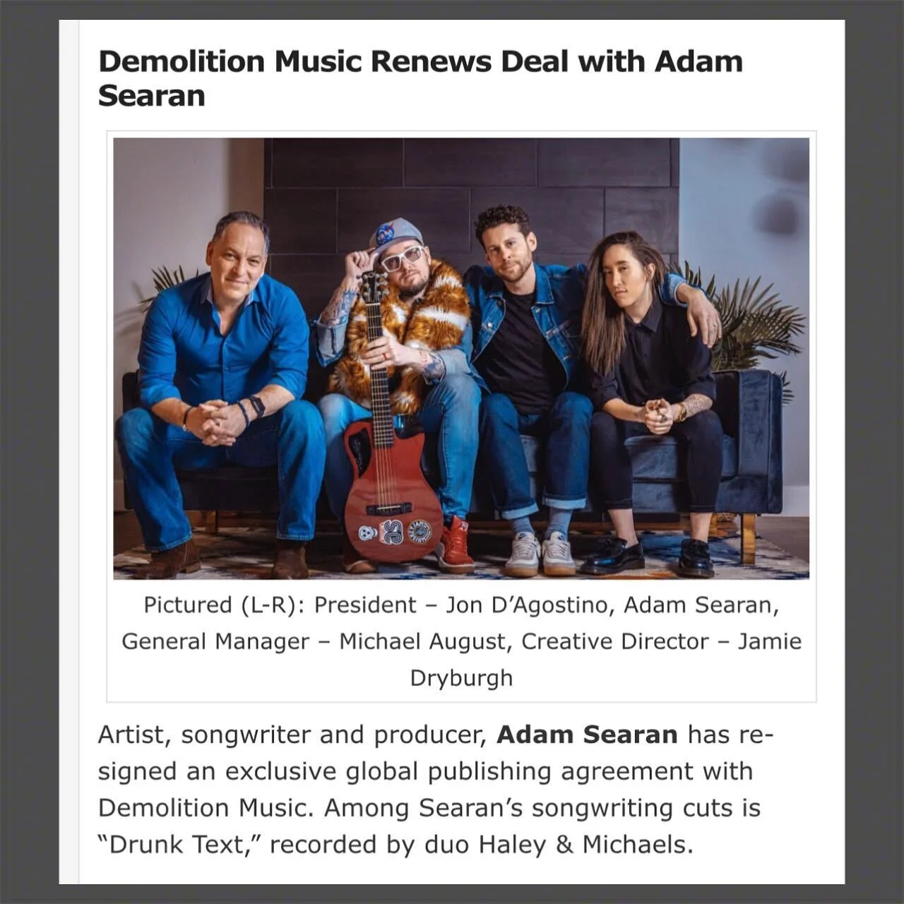 Demolition Music Renews Deal with Adam Searan