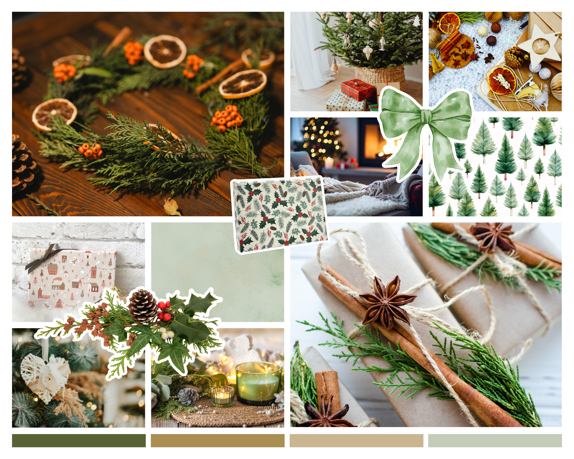 Christmas imagery with sage, craft, holly, greenery, and natural touches