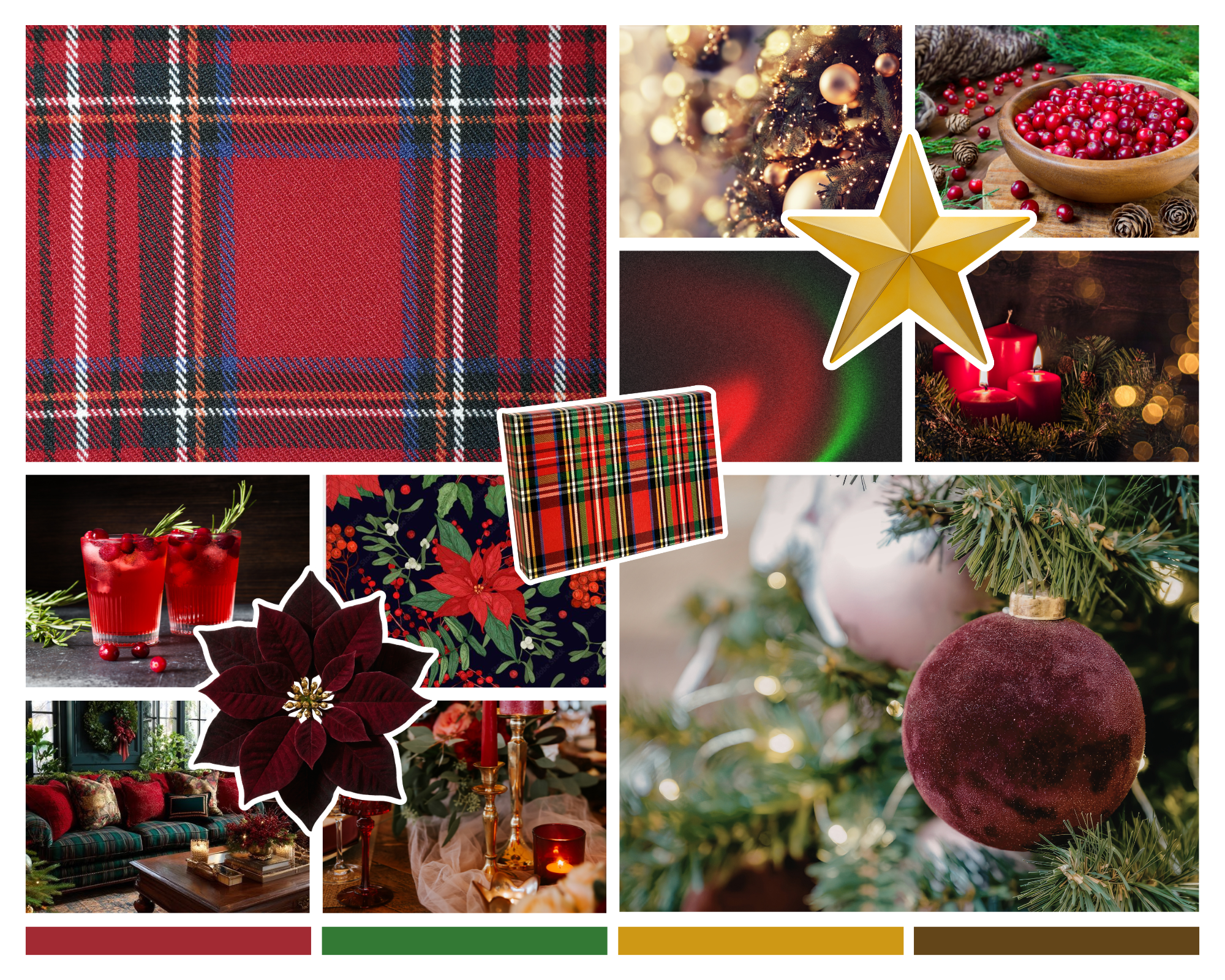 Deep Tartan Plaid, gold accents, velvety ornaments and poinsettias, red festive cocktails, and luxe table scapes
