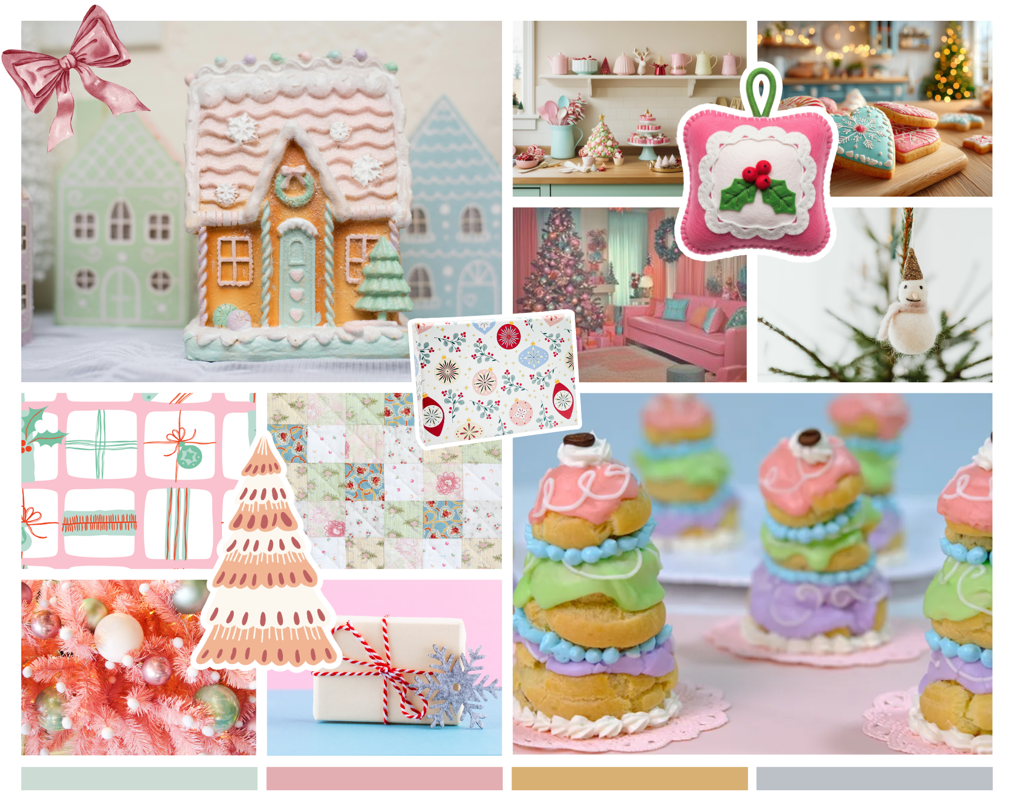 pink, blue, pastel, green fairy tale style of christmas imagery. Very feminine, fluffy, frothy, light and dreamy.