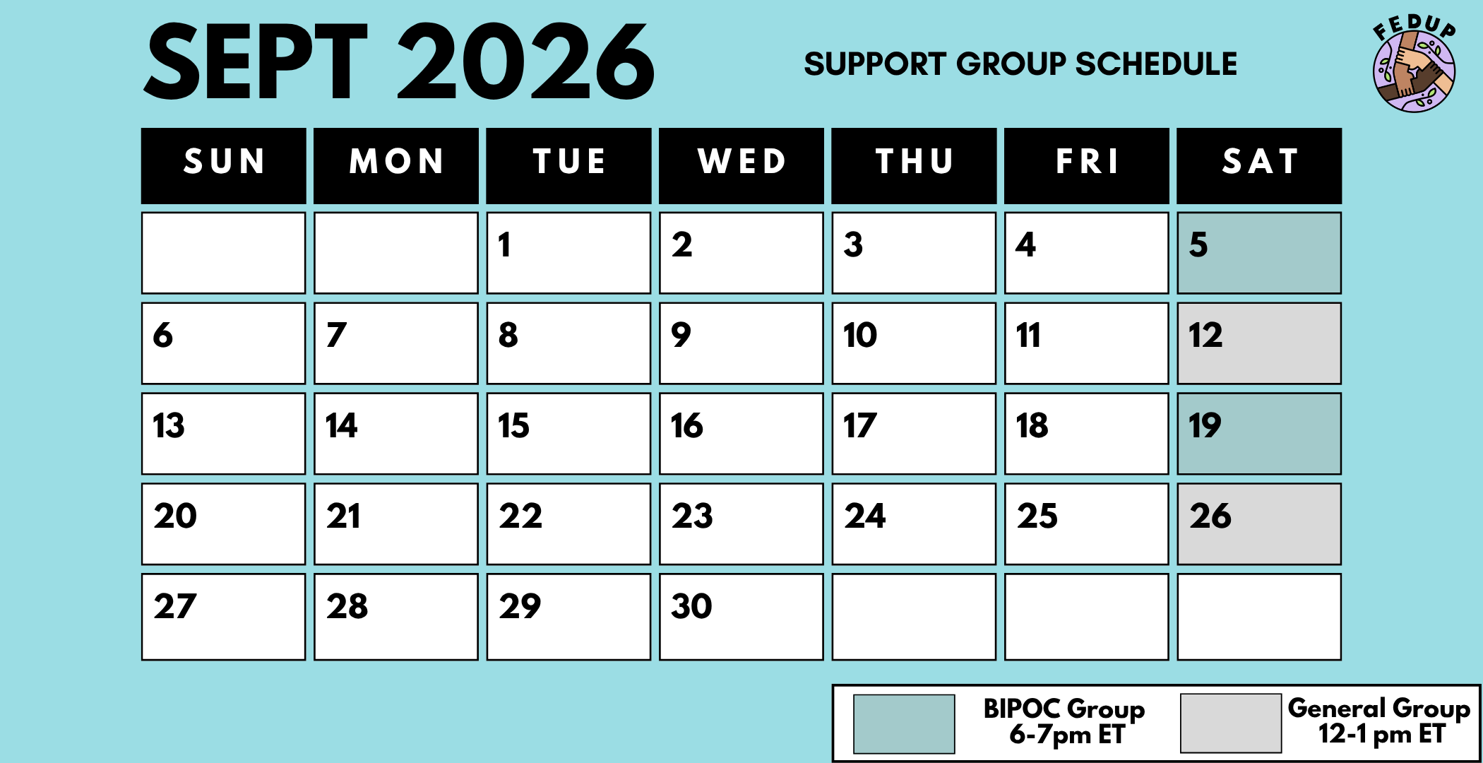 Calendar for September 2026 showing the BIPOC groups on Sept 5 and 19 in teal and the General groups on Sept 12 and 26 in gray.