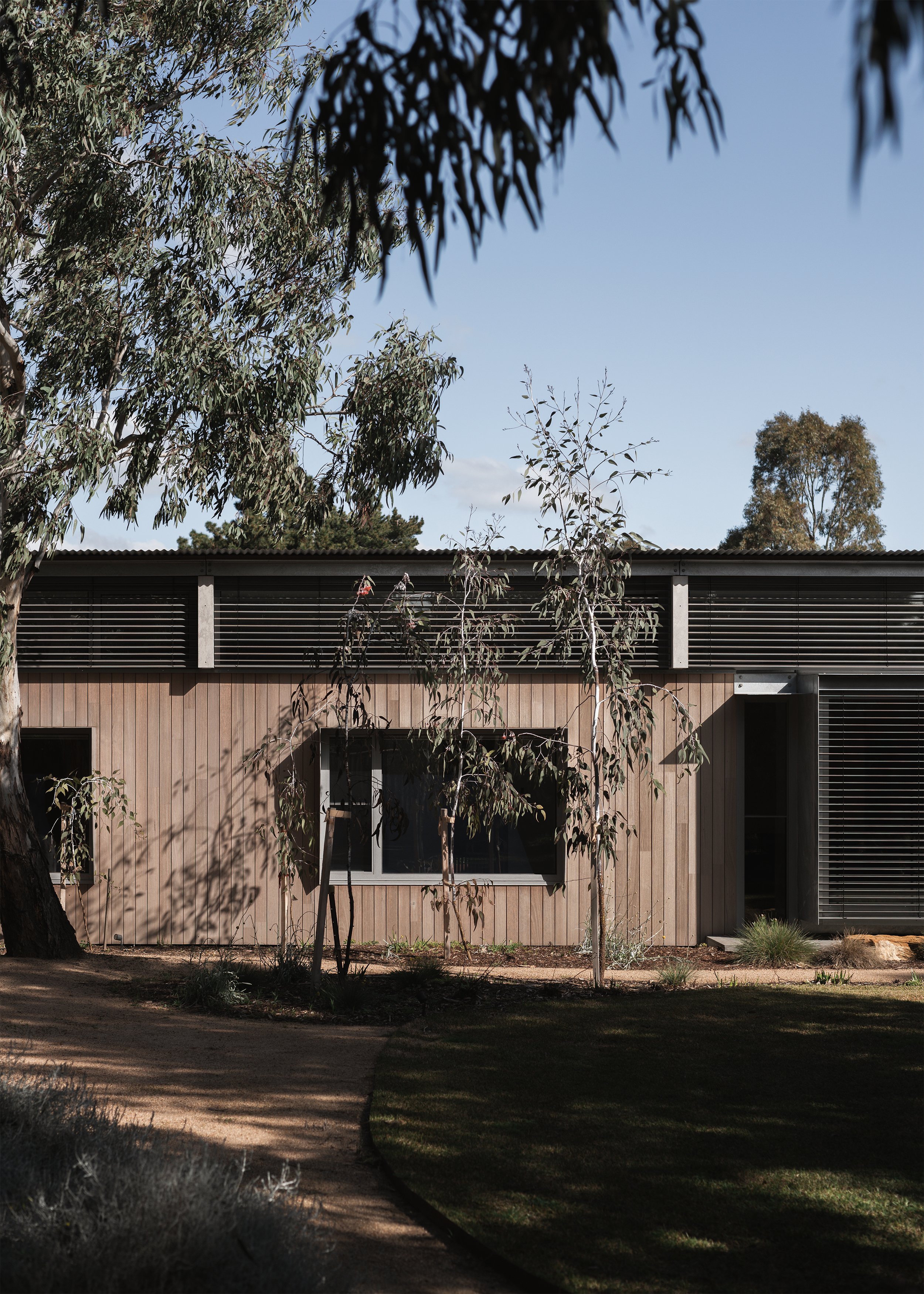 Timber cladding and external blinds from Shade Factor beneath a corrugated roof at Forest Road House by Wiesebrock Architecture.