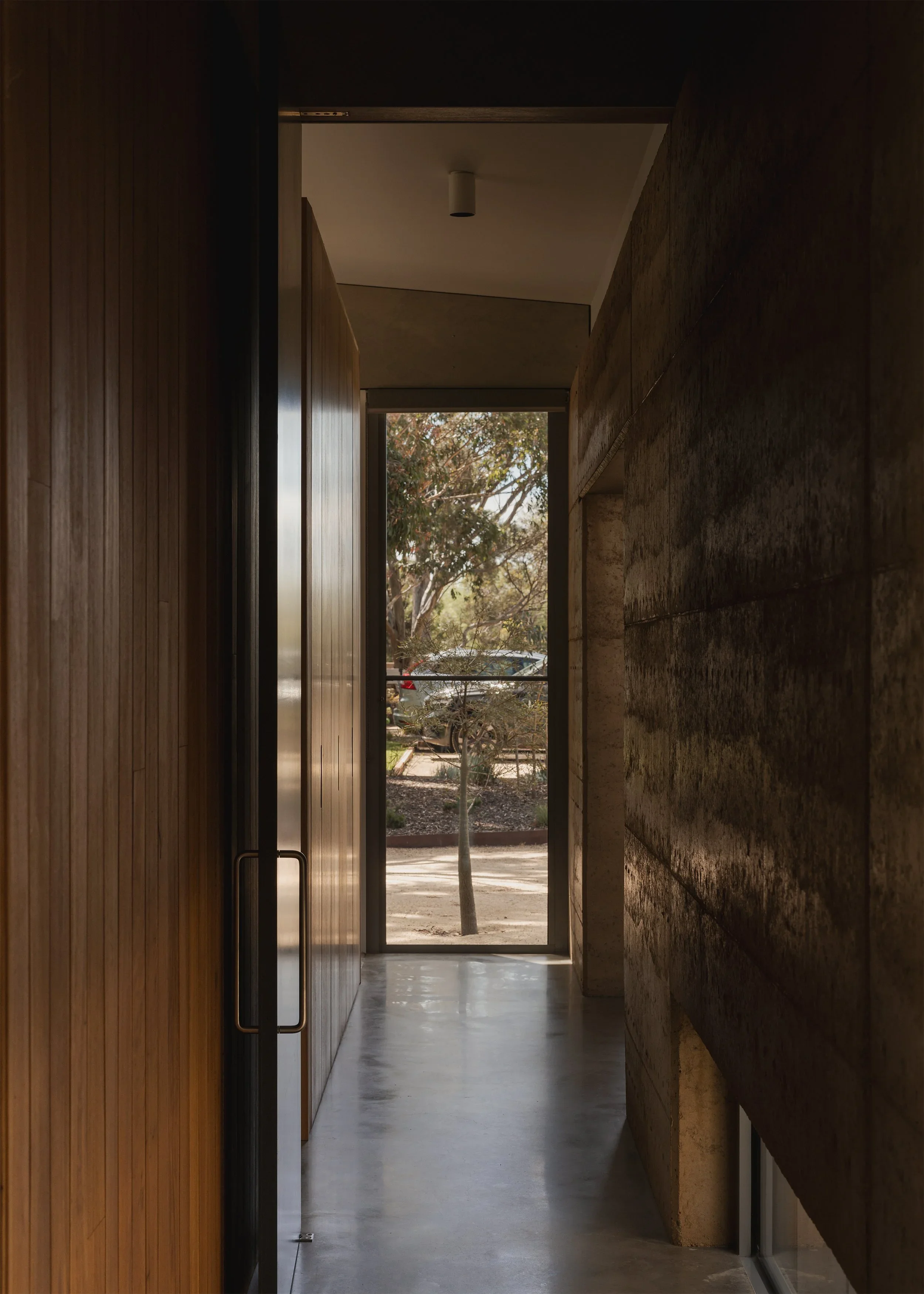 Hallway at Forest Road House with a textured rammed-earth wall, timber lining and concrete floor leading towards a tall garden window.