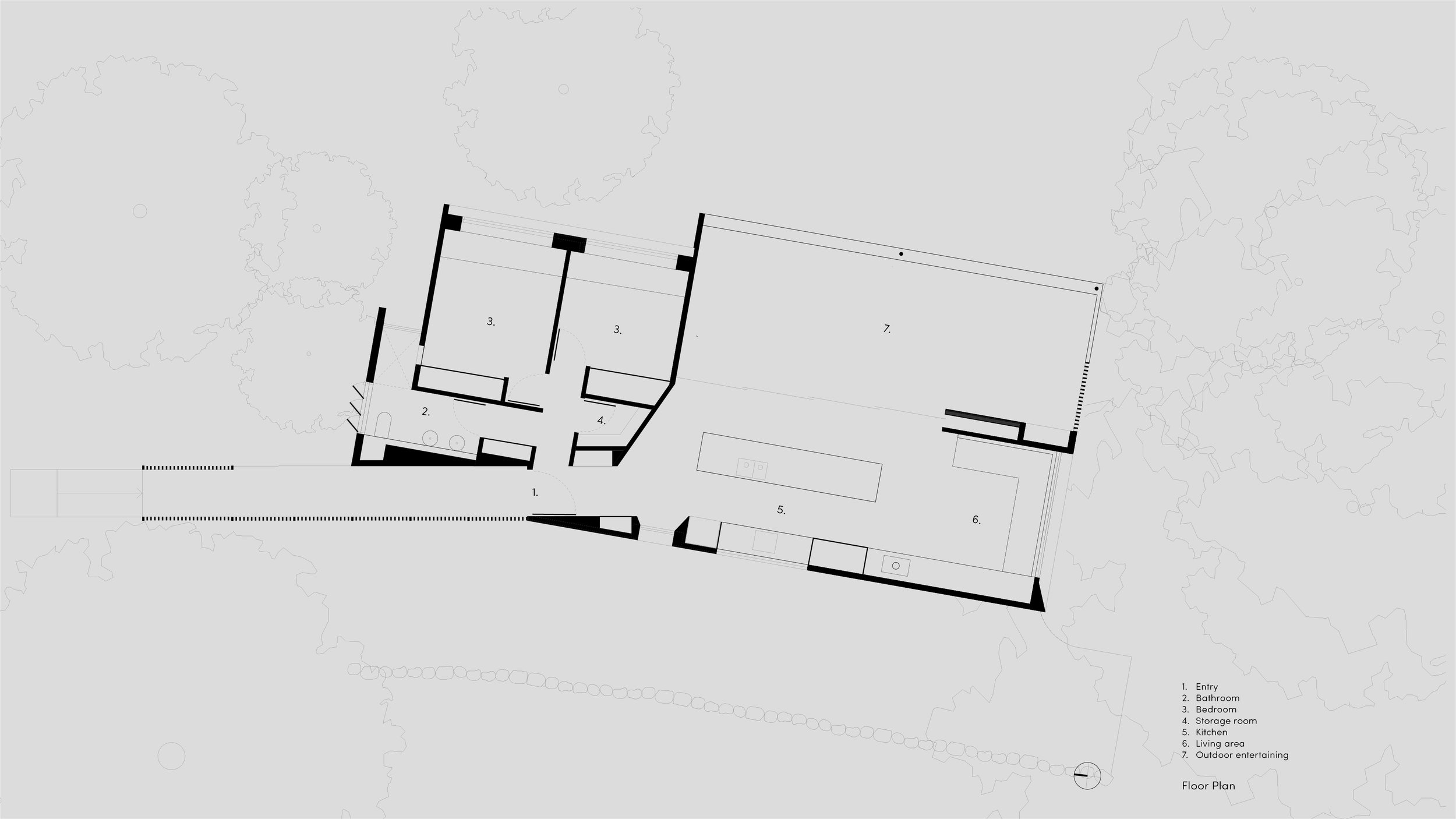 Floor plan of Tallowwood Cabin by Fouché Architects showing two bedrooms, compact living spaces and an outdoor entertaining deck shaped around existing trees.