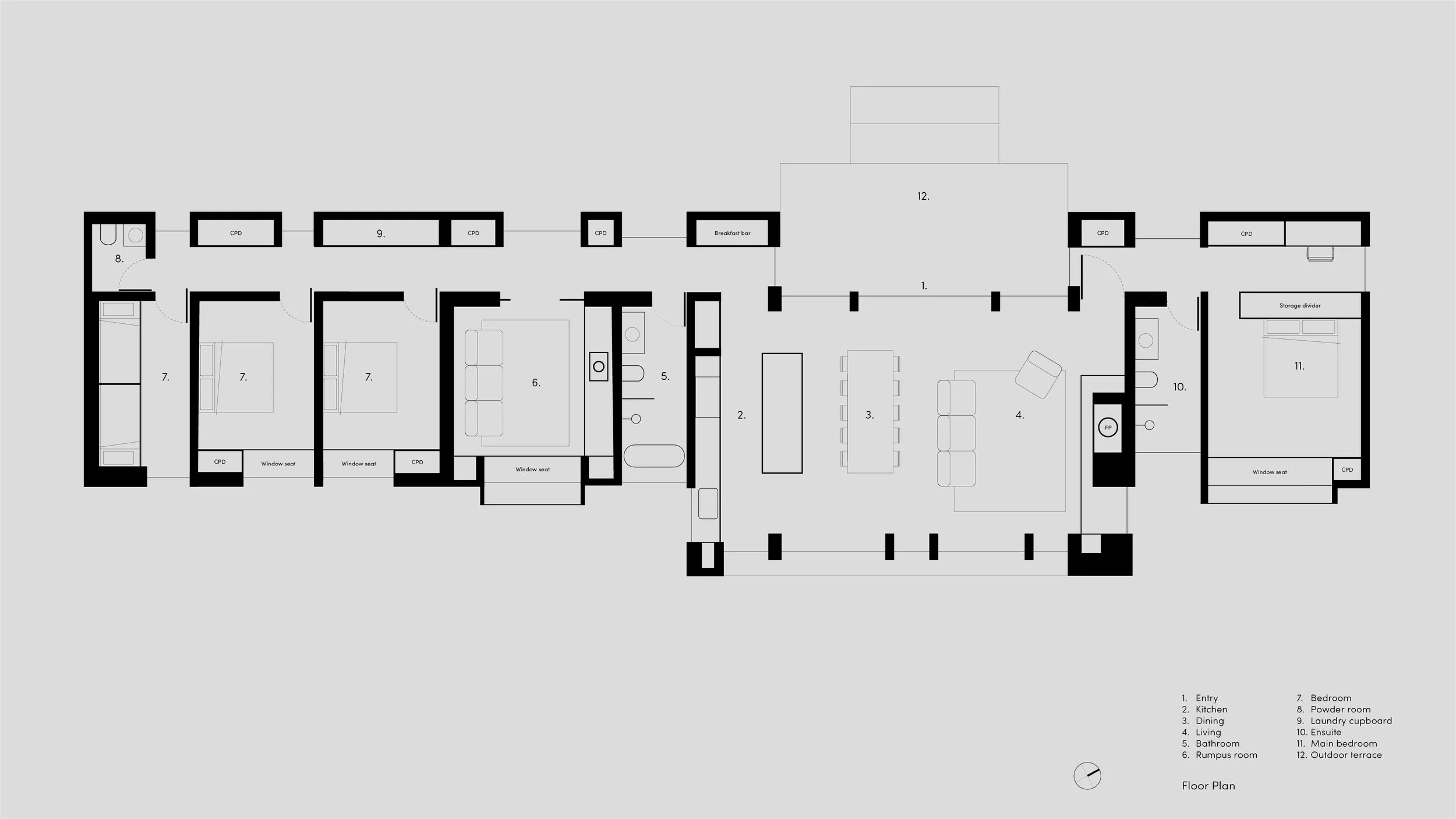 Fishharven floor plan by Neil Architecture showing three linked pavilions: bedrooms and rumpus room to the west, central kitchen, dining and living spaces, and the main-bedroom suite to the east.