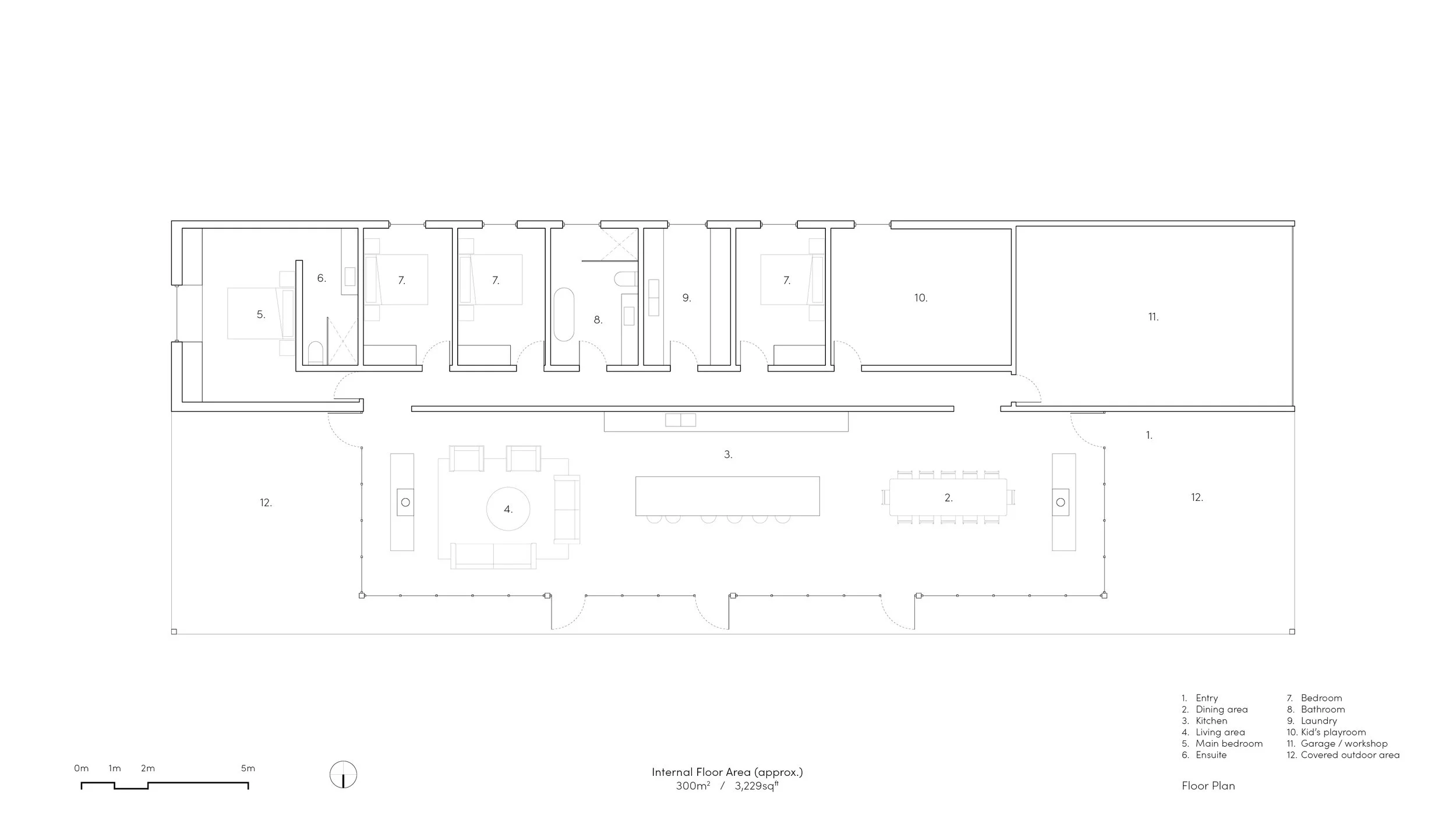 Floor plan of Mansfield House showing glazed shared living spaces beside a linear bedroom and service zone in the off-grid family home.