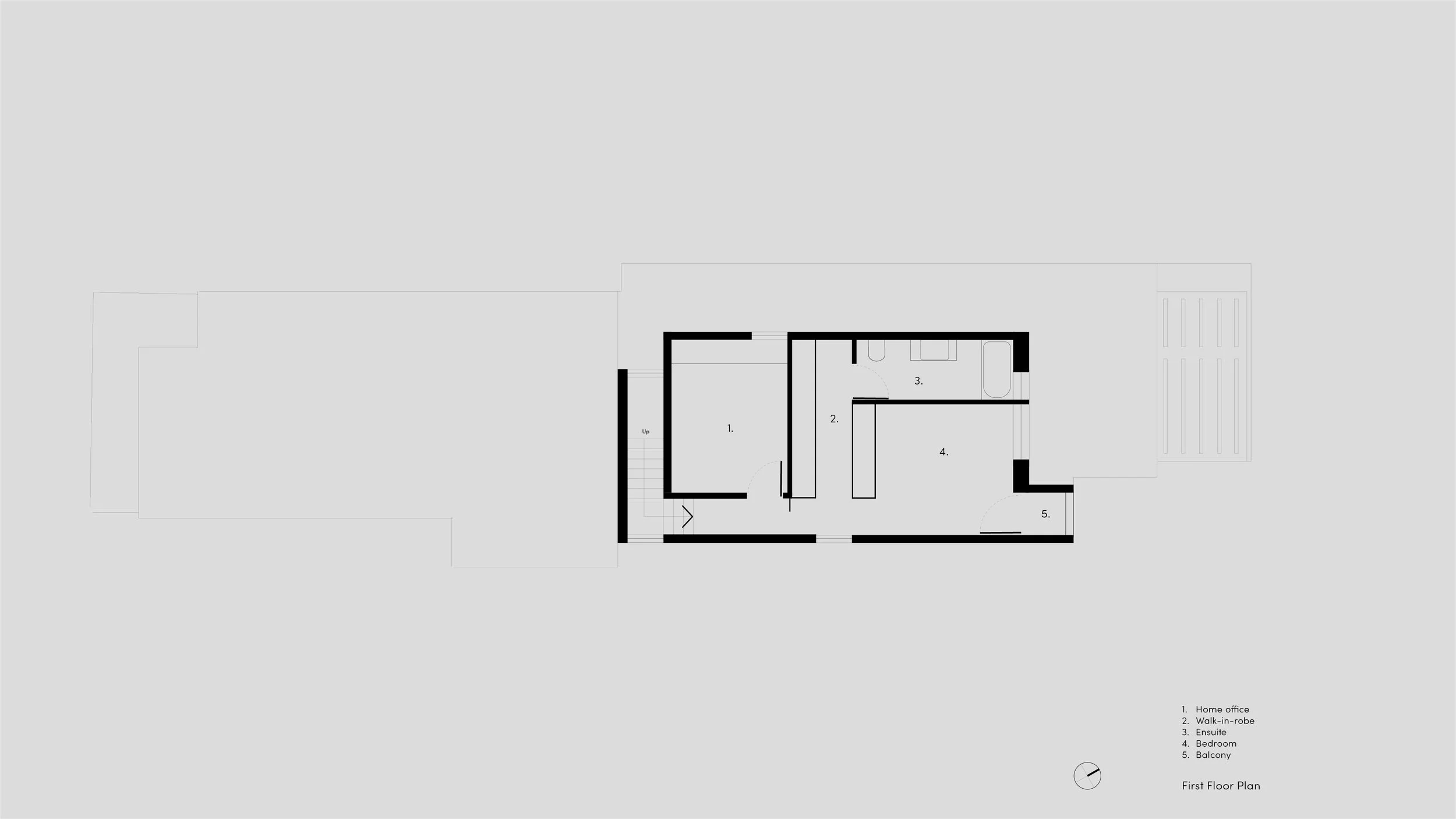 First floor plan of Borrowed Garden House by Topology Studio showing home office, ensuite, bedroom and balcony.