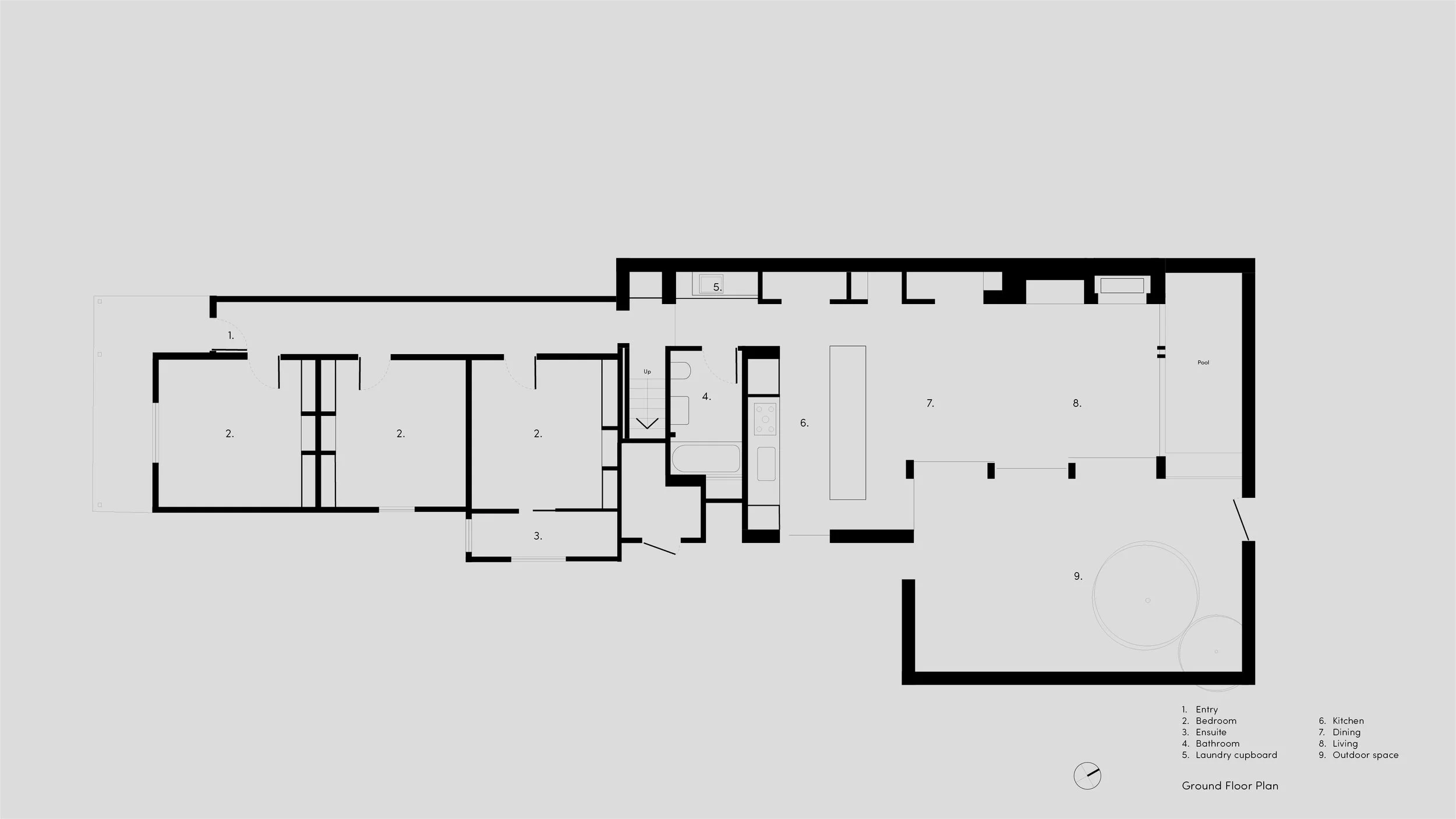 Ground floor plan showing retained Victorian rooms, kitchen, dining, living, walled garden and swimming pool.