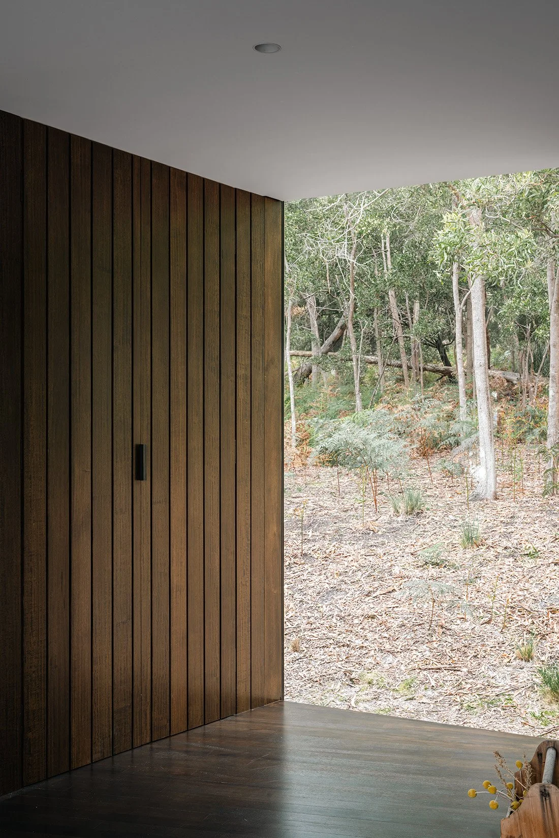 Sheltered entry deck at Killora Bay, lined in dark timber and opening directly to the native Bruny Island bushland.