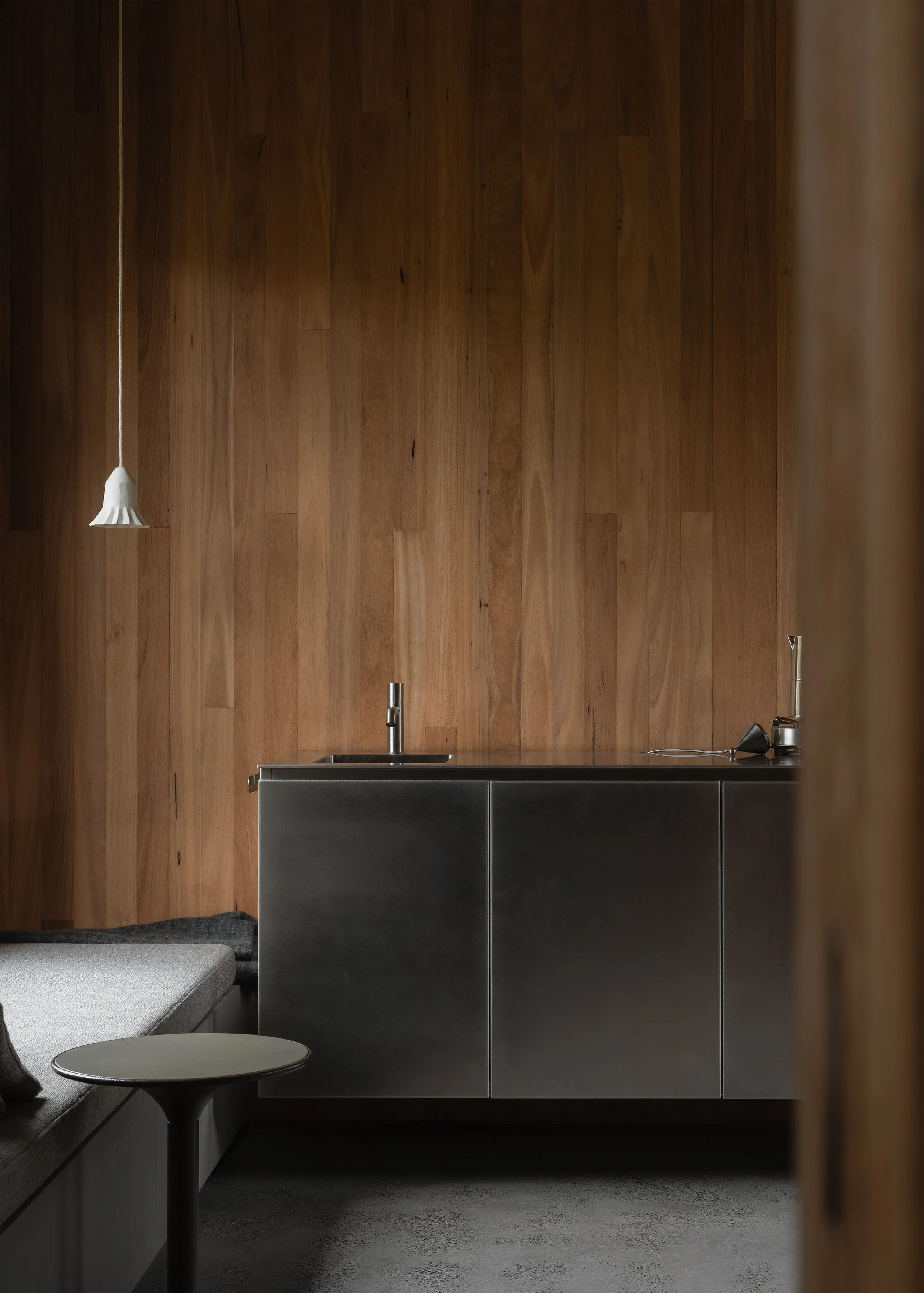 stainless steel kitchen design – architect's own home – Bittern Victoria Australia – Bittern Cabin by Nic Morgante