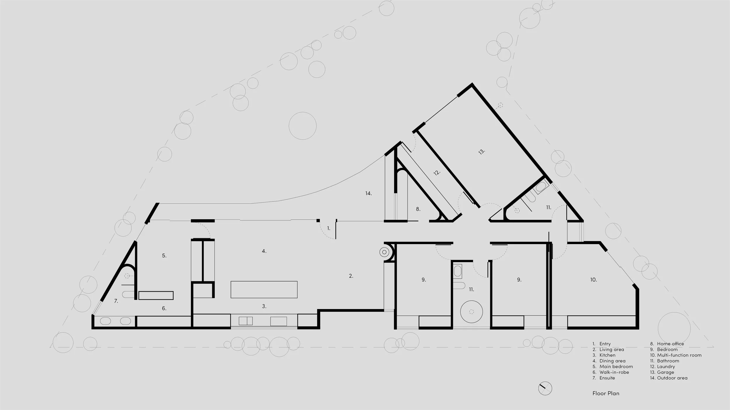 Floor plan of The Cove by Wolveridge Architects showing central living spaces between the main bedroom, children’s rooms, home office and multi-function room.