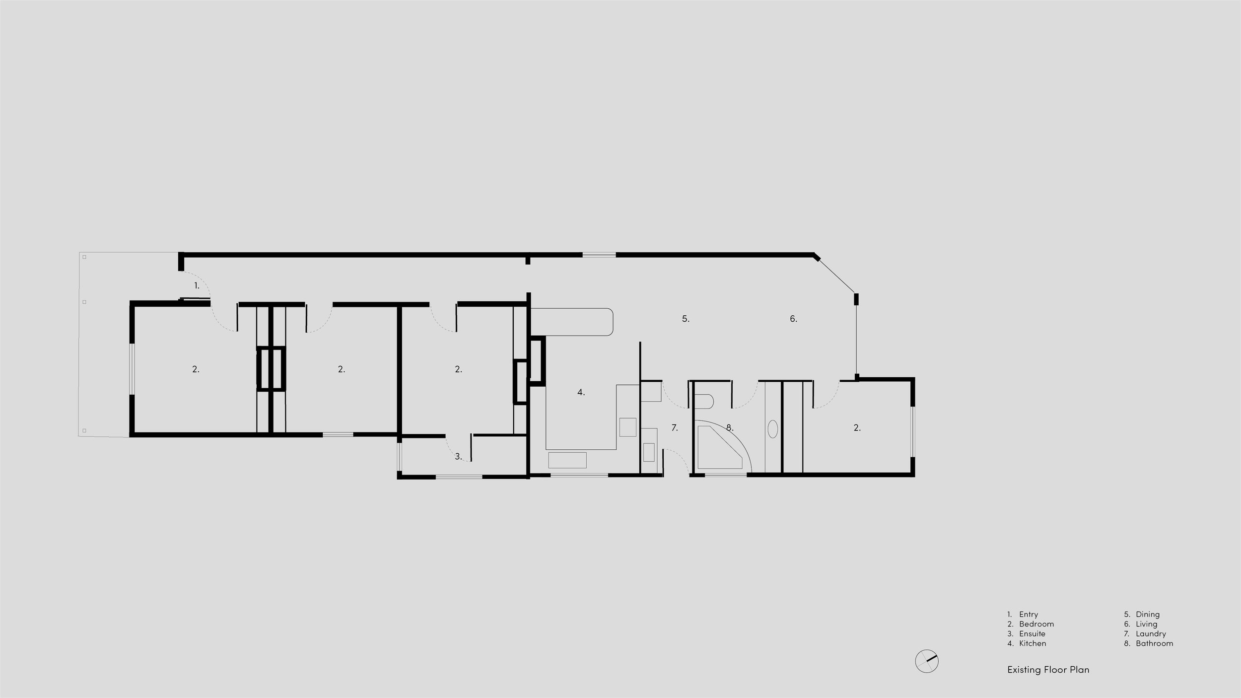 Existing floor plan of Borrowed Garden House showing the original bedrooms, kitchen, dining and living arrangement.