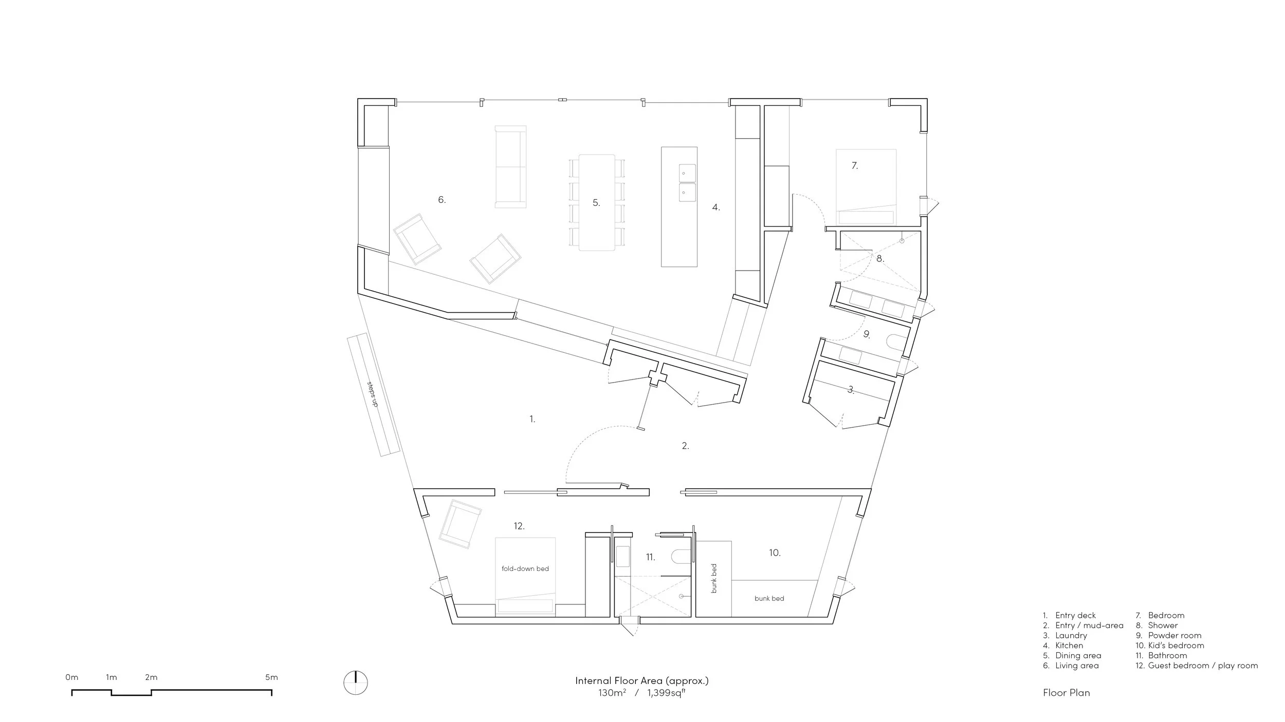 Floor plan of Killora Bay by Lara Maeseele, showing the flexible layout of the architect’s own Bruny Island home.