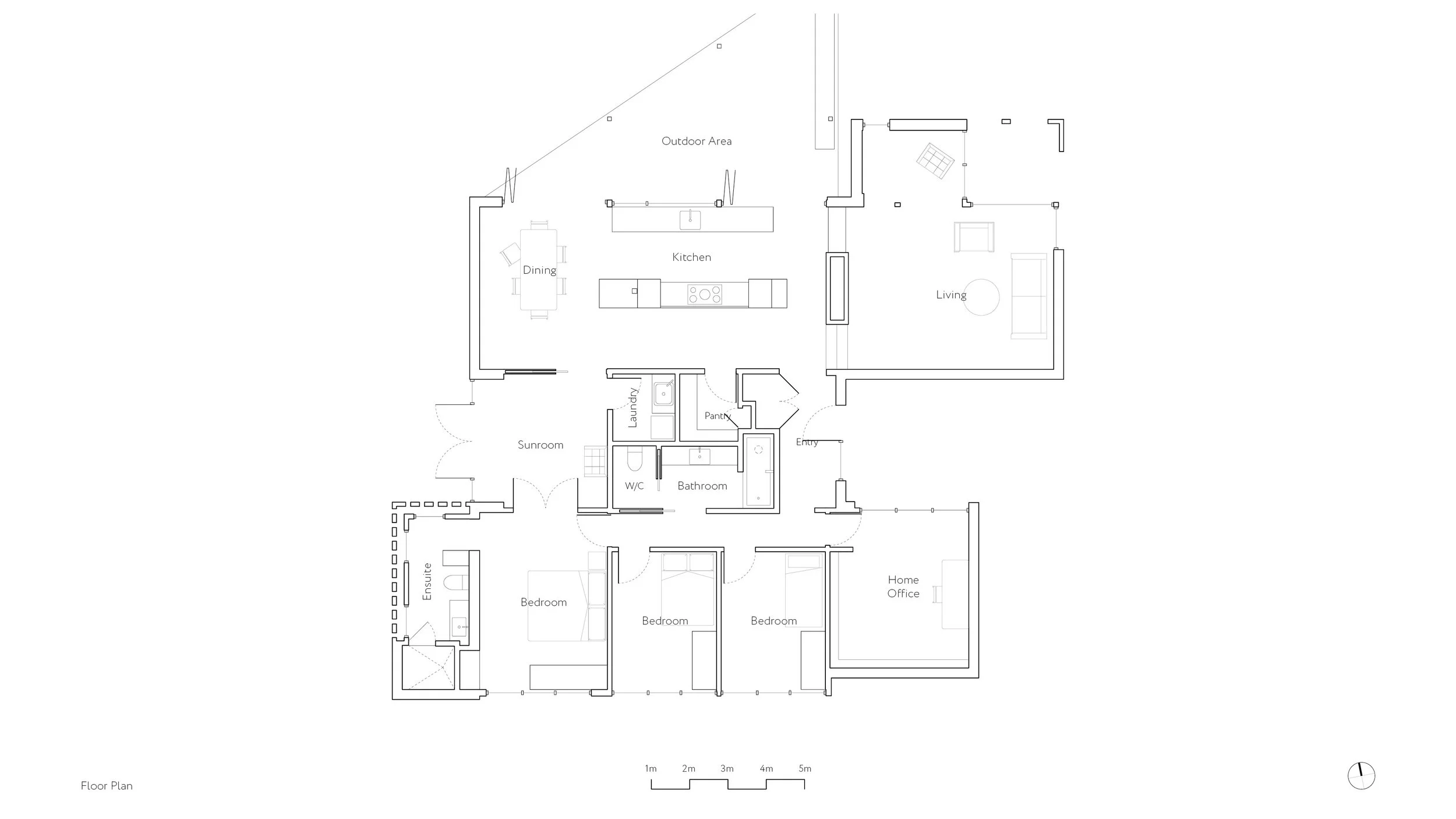 Renovated floor plan of Frankston Mid Century Modern by MRTN Architects, showing three bedrooms, a home office, an ensuite and kitchen opening to an outdoor area.