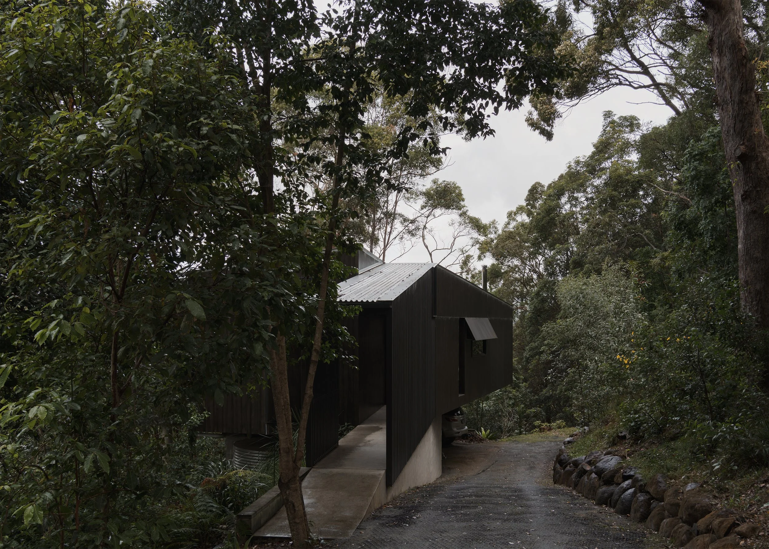 Tallowwood Cabin by Fouché Architects, an example of Australian simplicity, nestled among dense eucalypts with dark cladding and a raised entry.