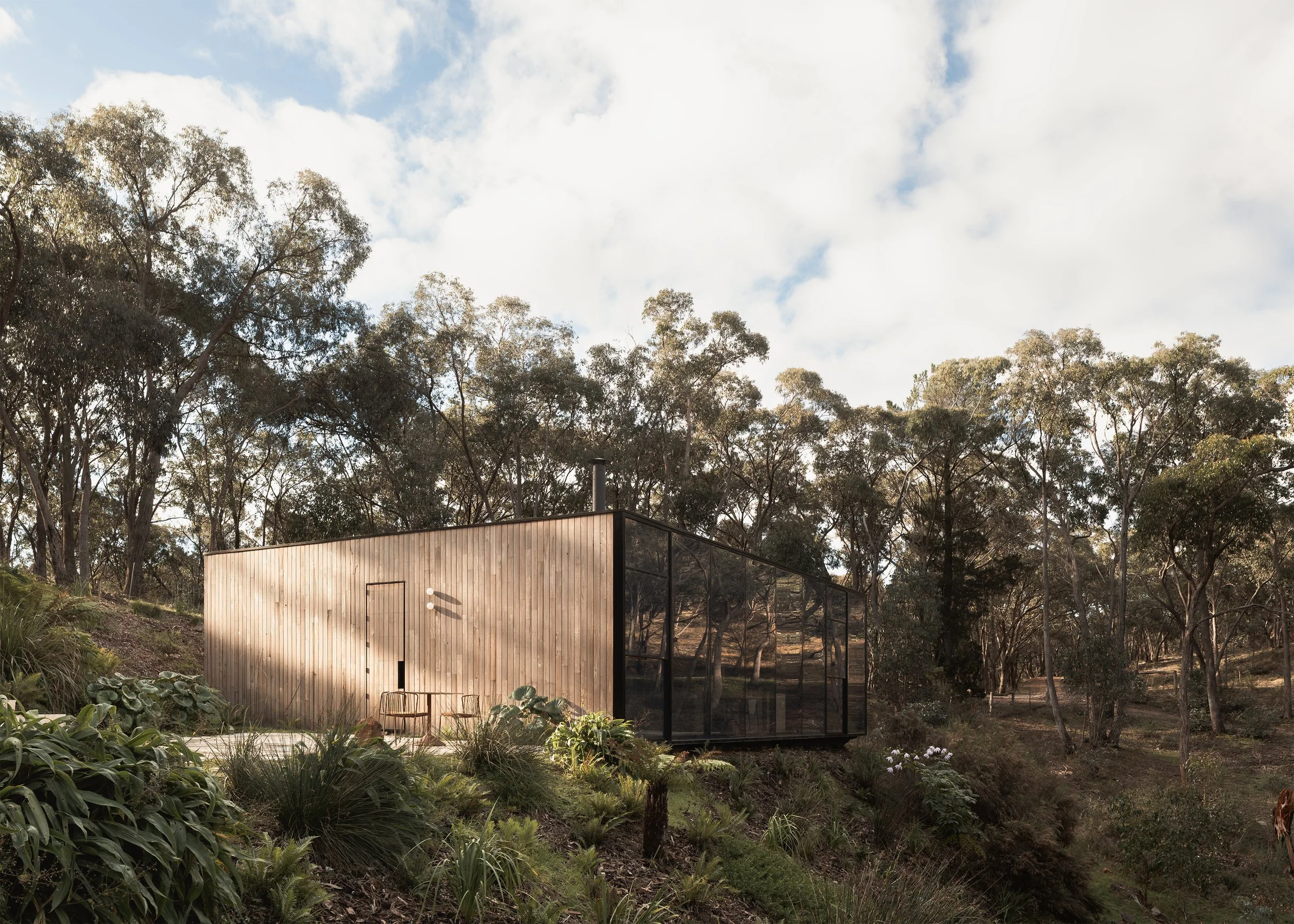Matchbox in Hepburn Springs showing its timber-clad side wall, reflective glazed facade and surrounding bushland.