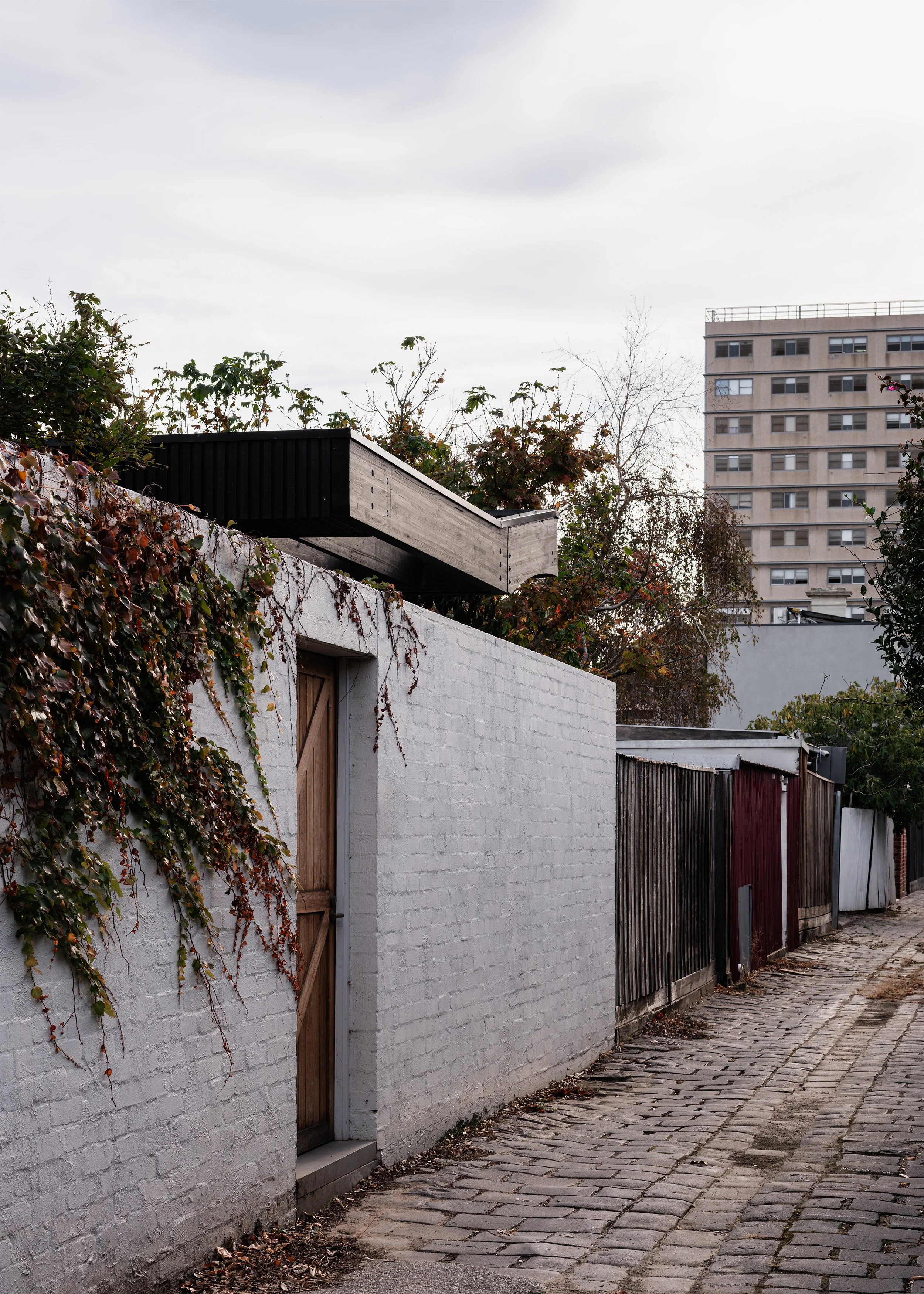 Bluestone laneway in Albert Park beside Borrowed Garden House, with white masonry walls, climbing plants and inner-Melbourne context.